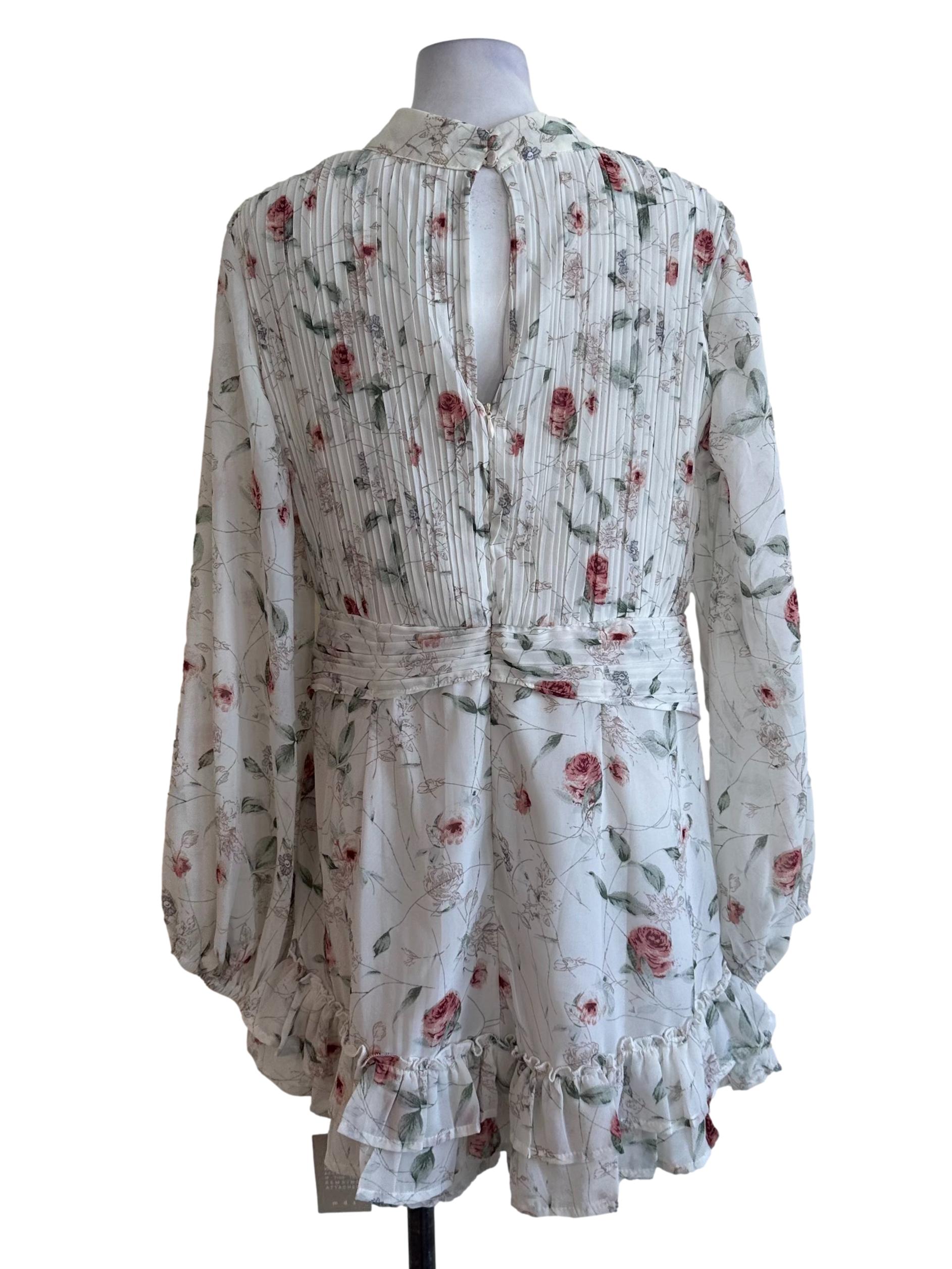 Ivory White Floral Pleated Ruffle Rompers