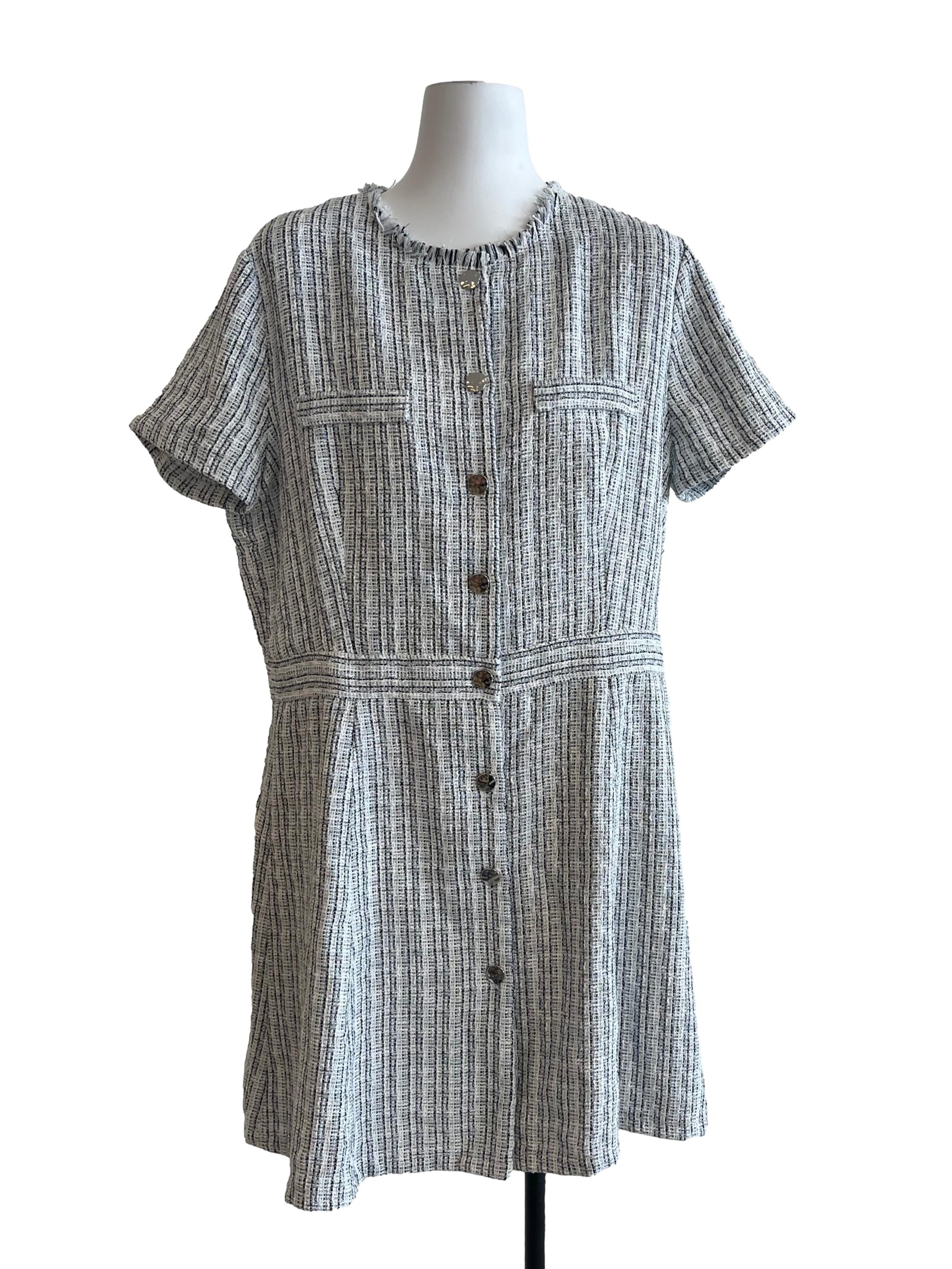 White Blue Tweed Button Down Dress