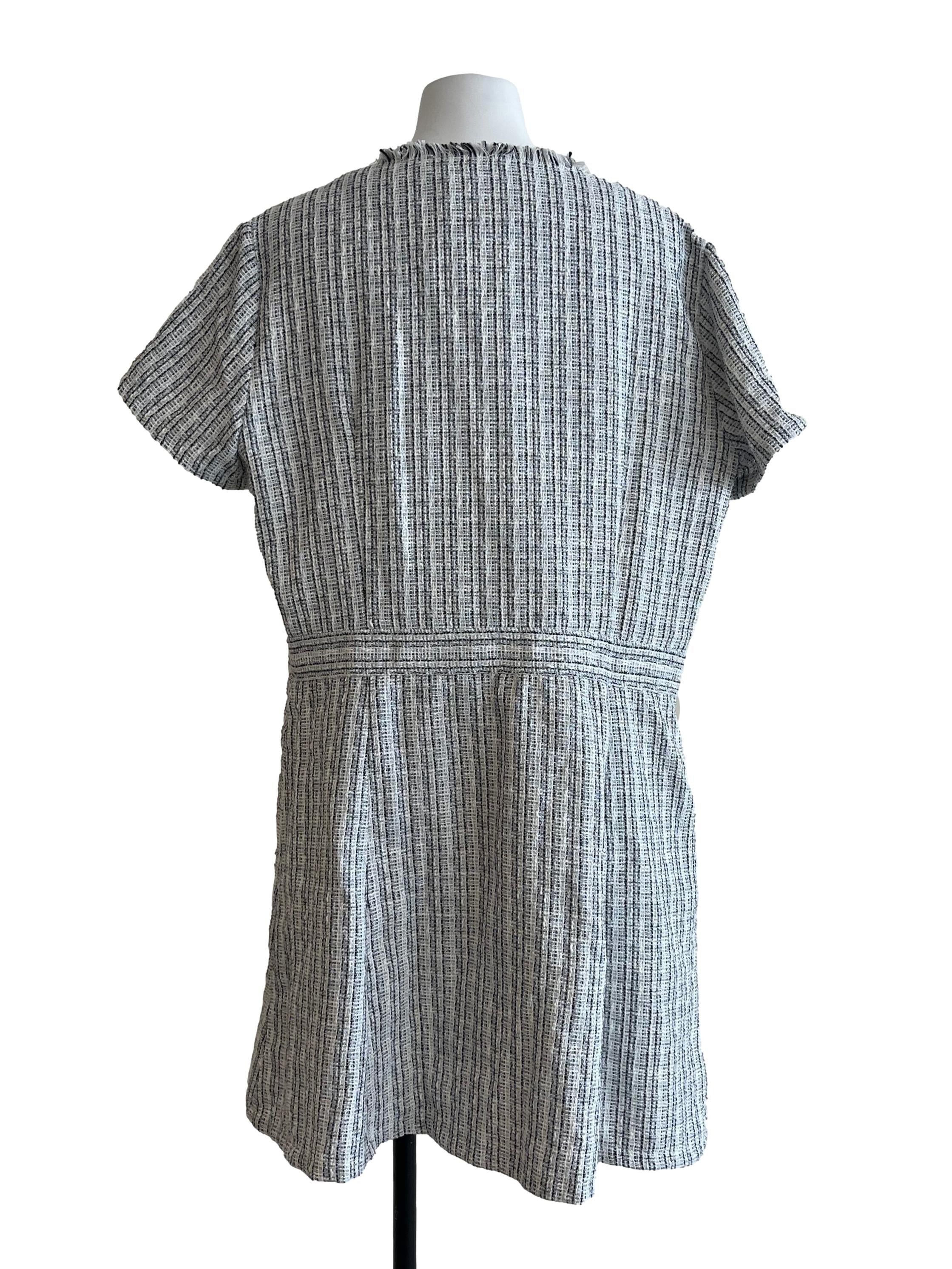 White Blue Tweed Button Down Dress