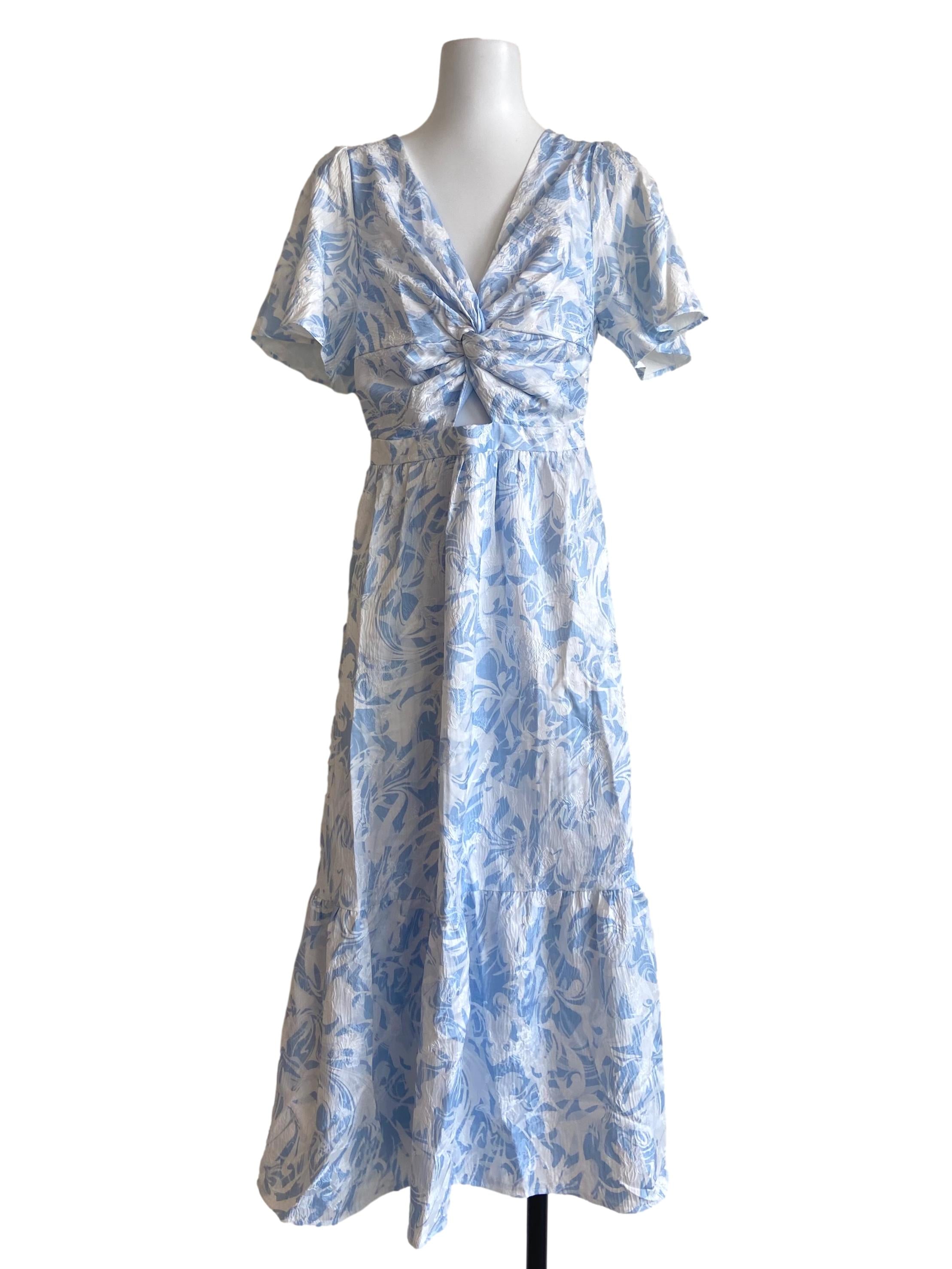 Sky Blue & White Floral V Neck Empire Dress
