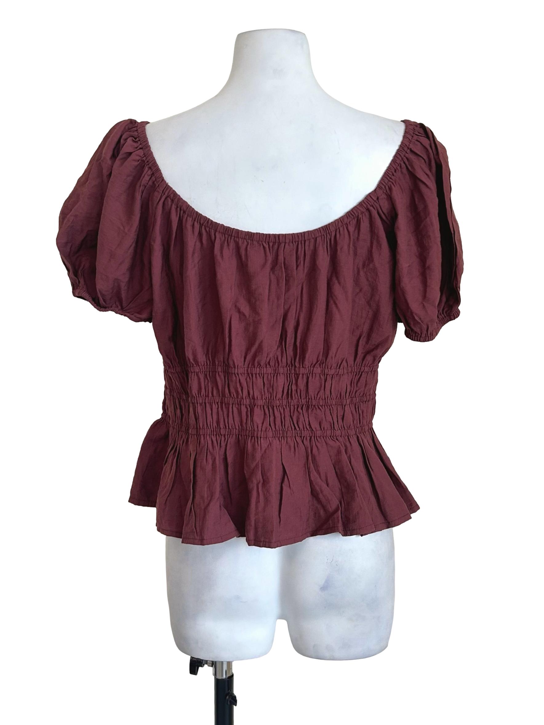 Burgundy Button Smocked Peplum Blouse