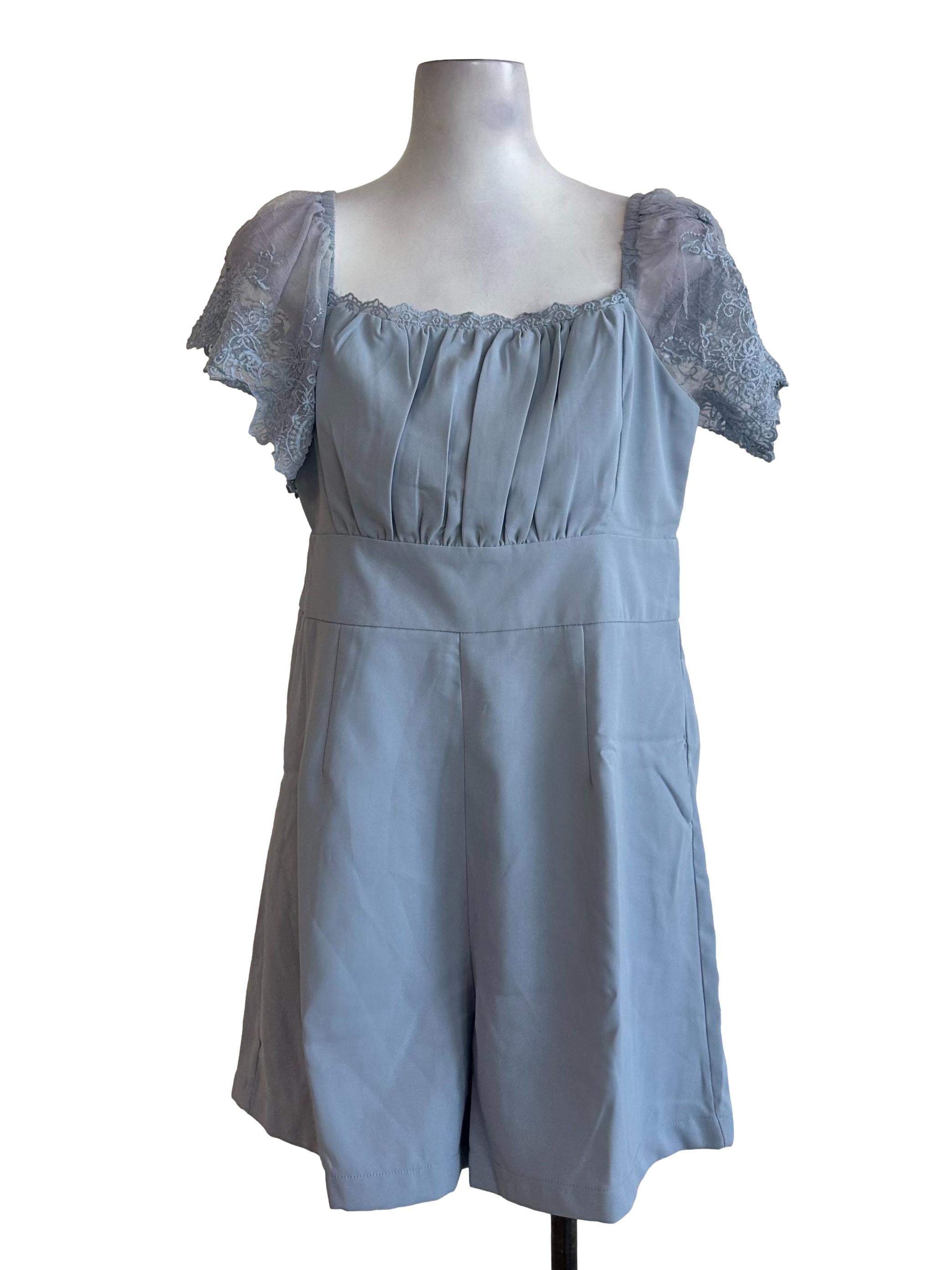 Dusty Blue Lace Sleeve Ruched Rompers