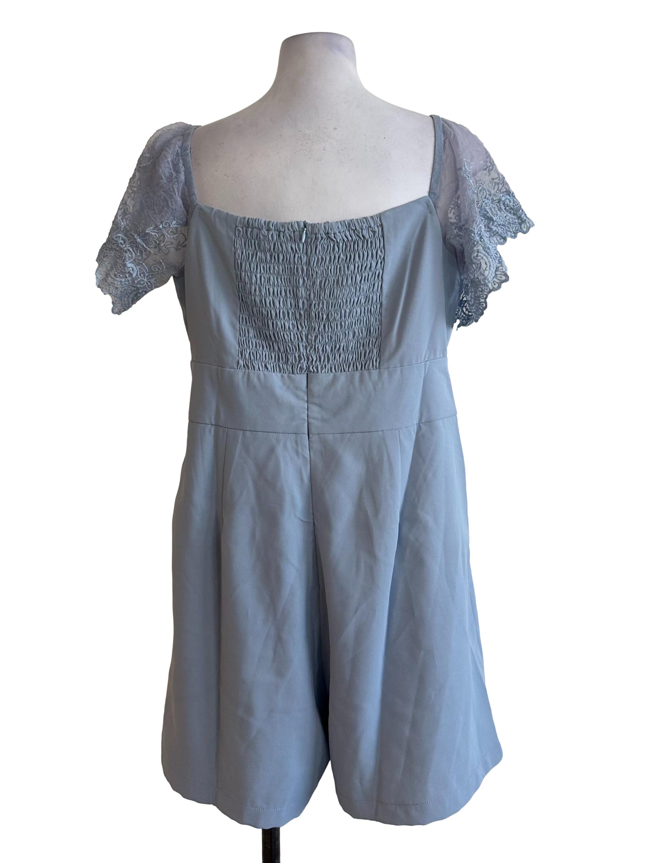 Dusty Blue Lace Sleeve Ruched Rompers