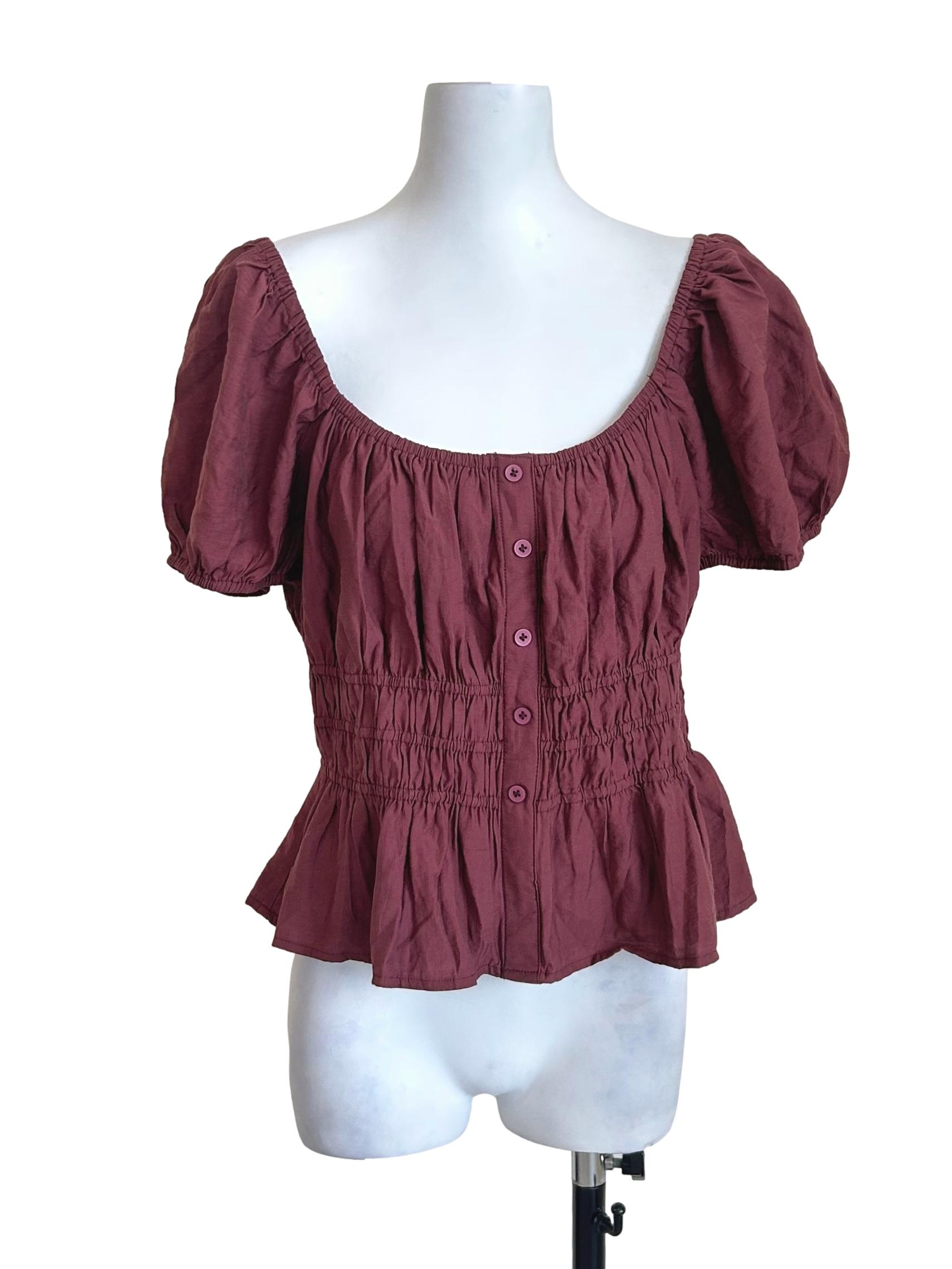 Burgundy Button Smocked Peplum Blouse