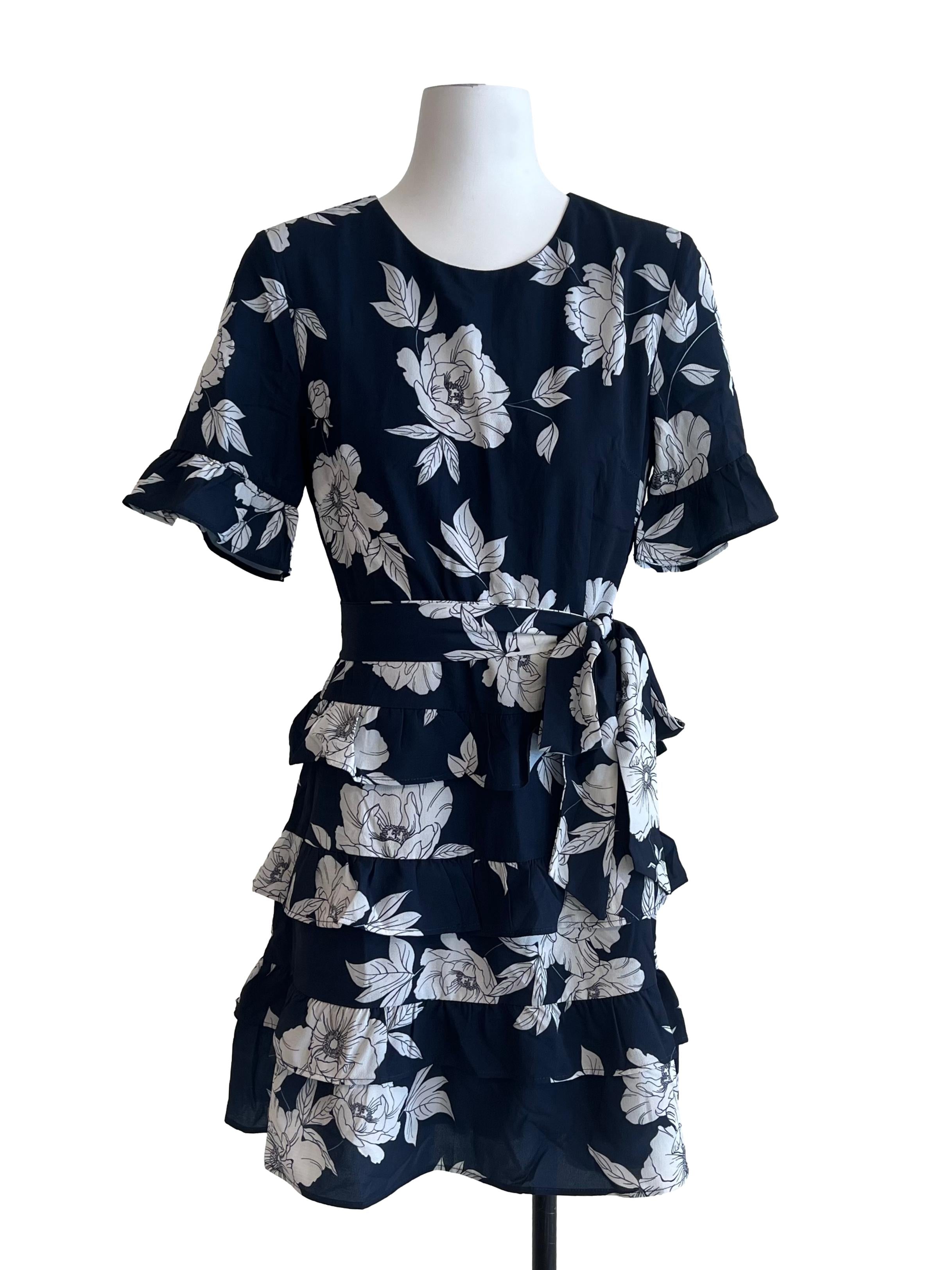 Navy Blue Floral Ruffle Dress