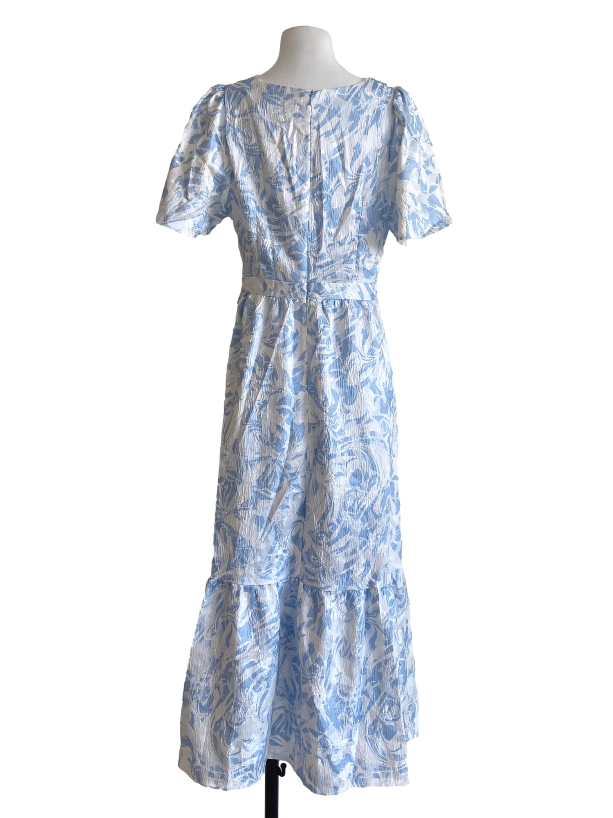 Sky Blue & White Floral V Neck Empire Dress