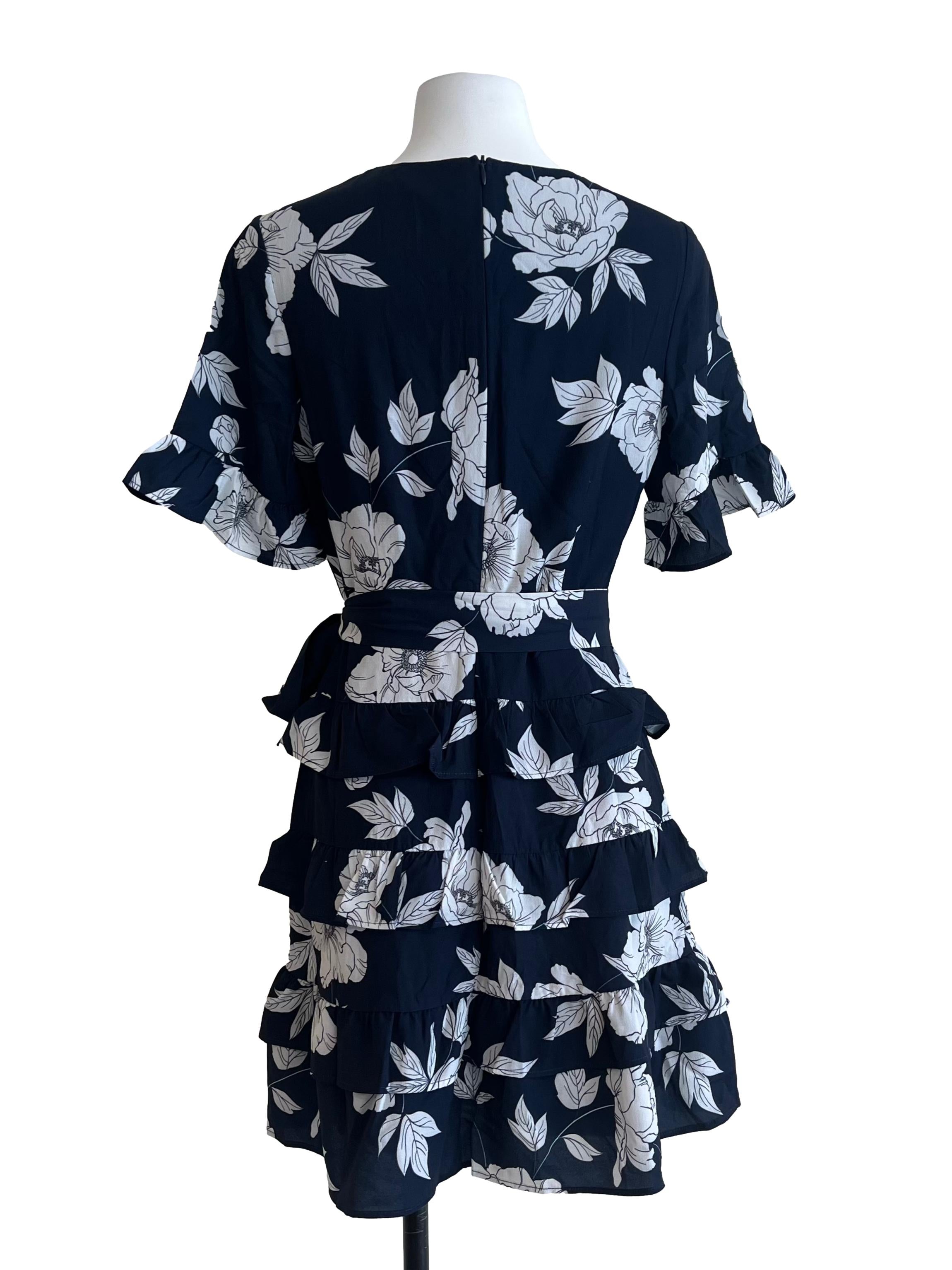 Navy Blue Floral Ruffle Dress