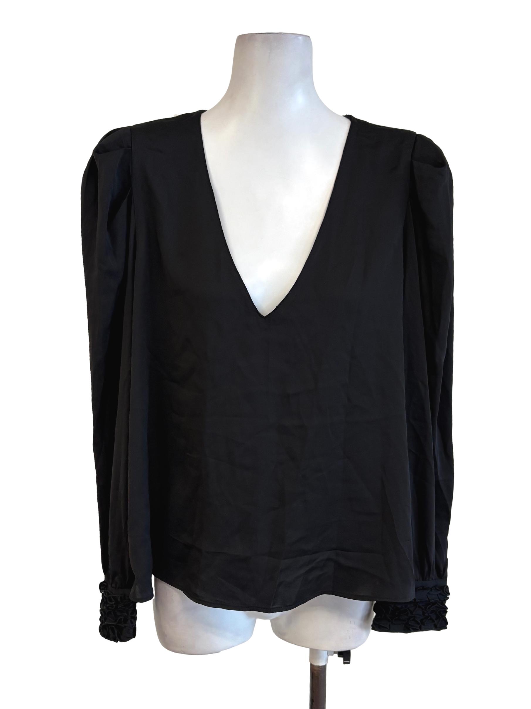 Black Satin Cuffed Sleeves Top