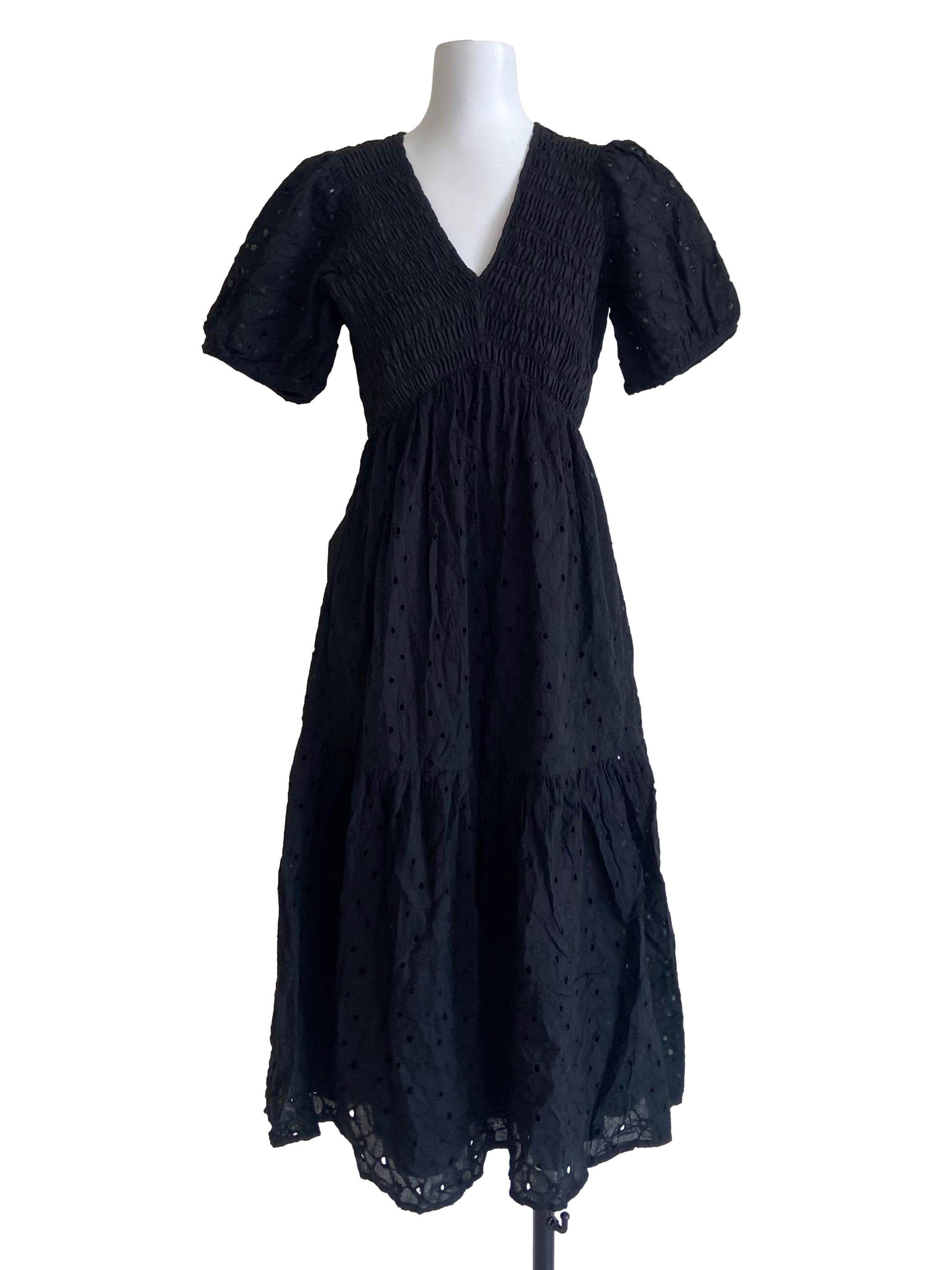 Black V Neck Embroidery Floral Dress