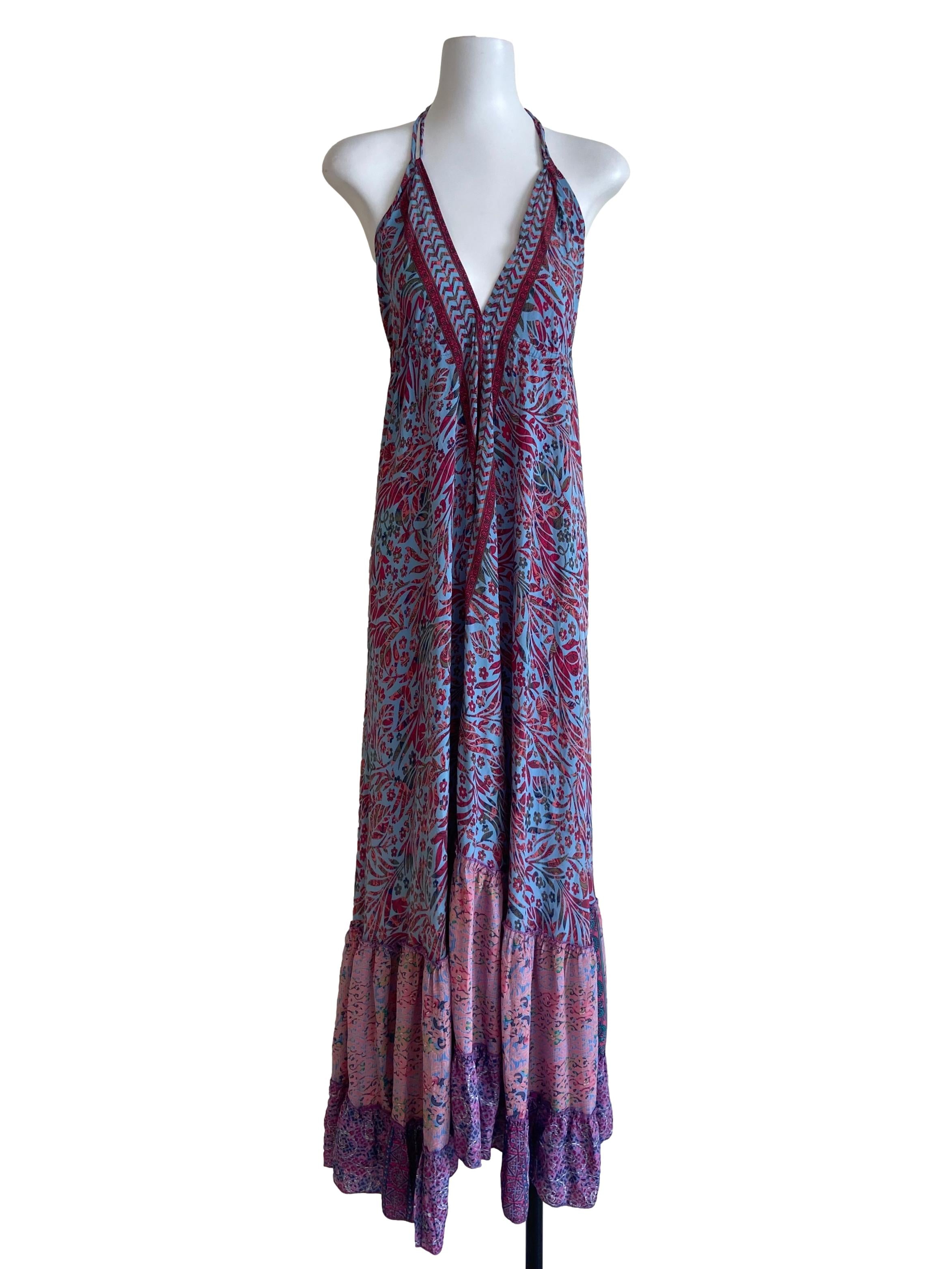 Blue & Pink Floral Dropwaist Halter Neck Dress