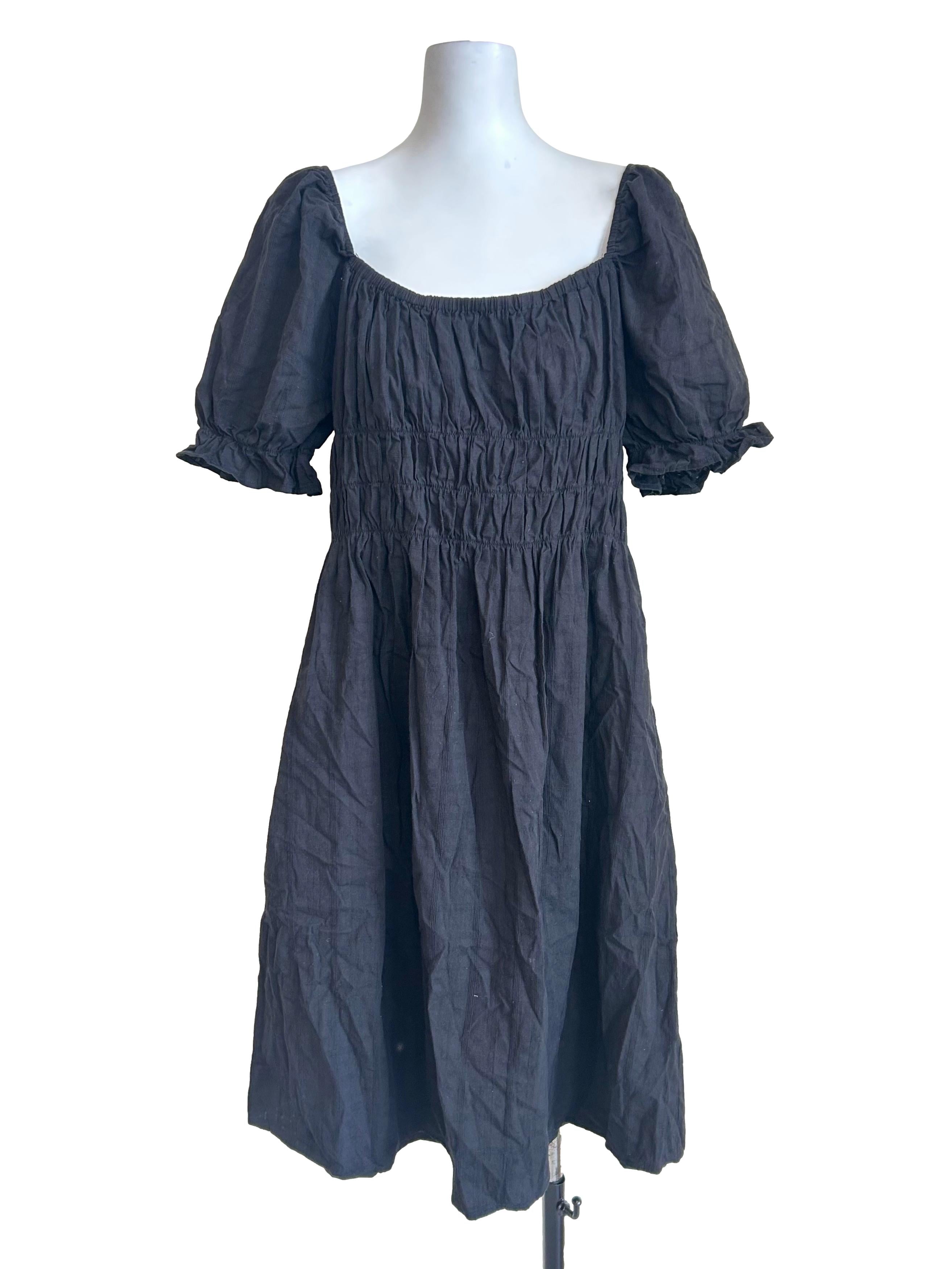 Black Smocked Puff Sleeve Dress