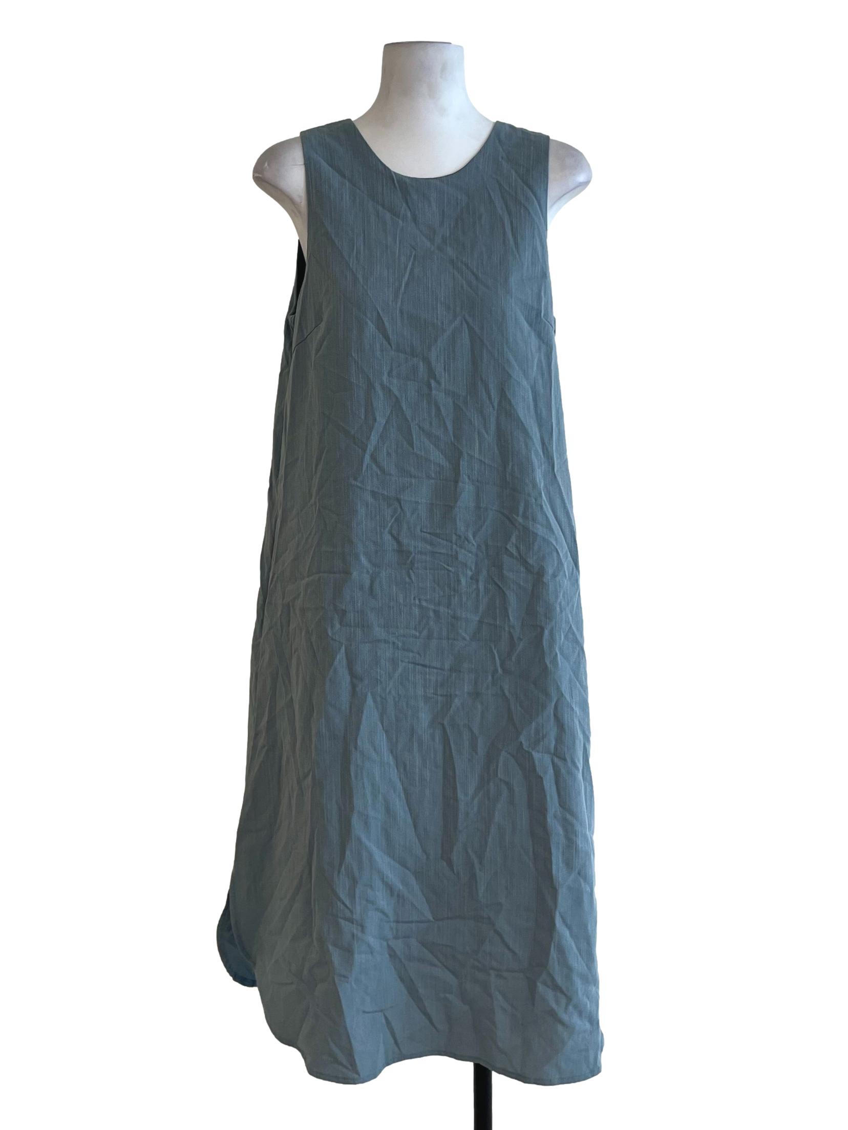 Stone Blue Jewel Neckline Shift Dress