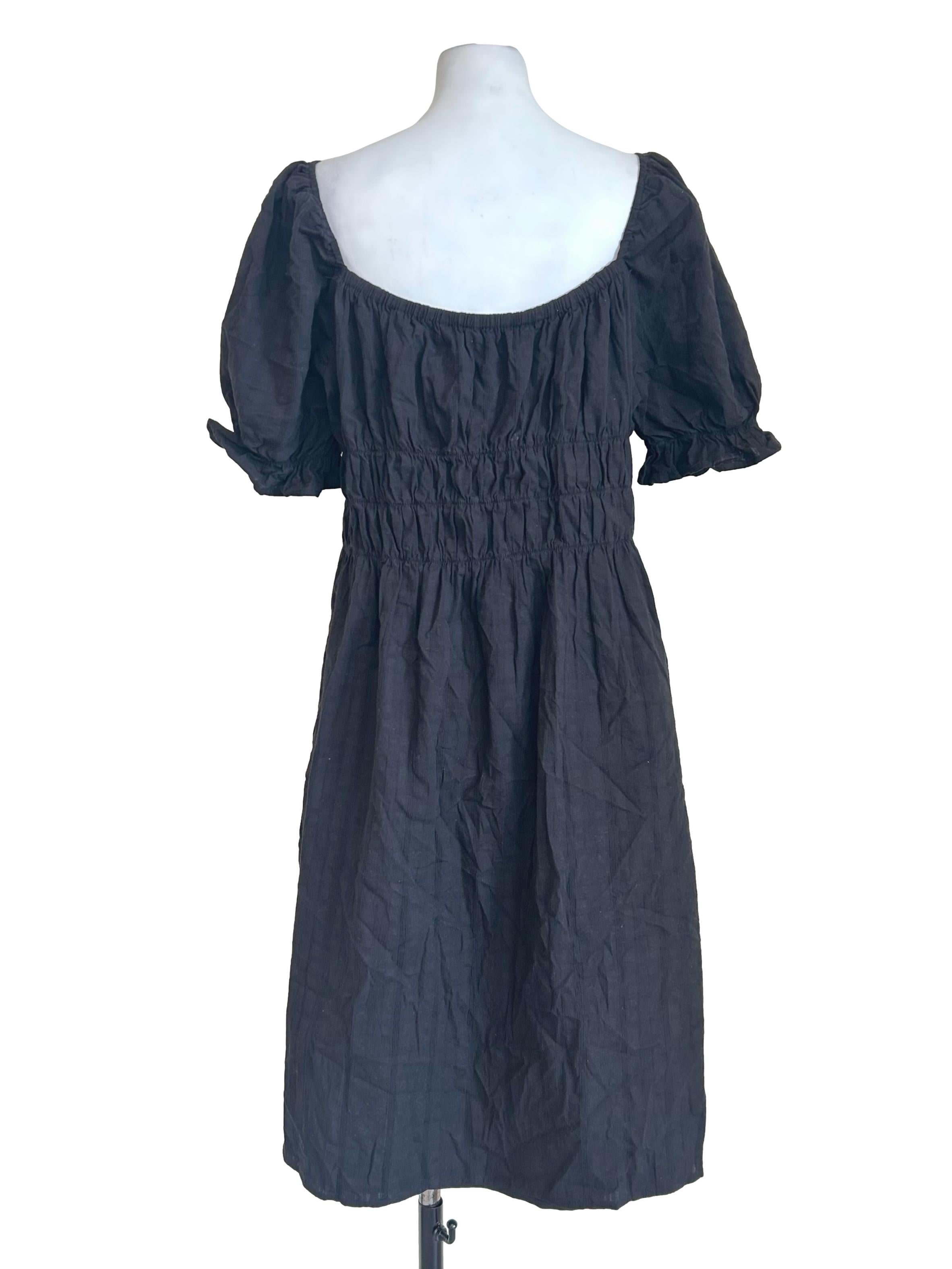 Black Smocked Puff Sleeve Dress