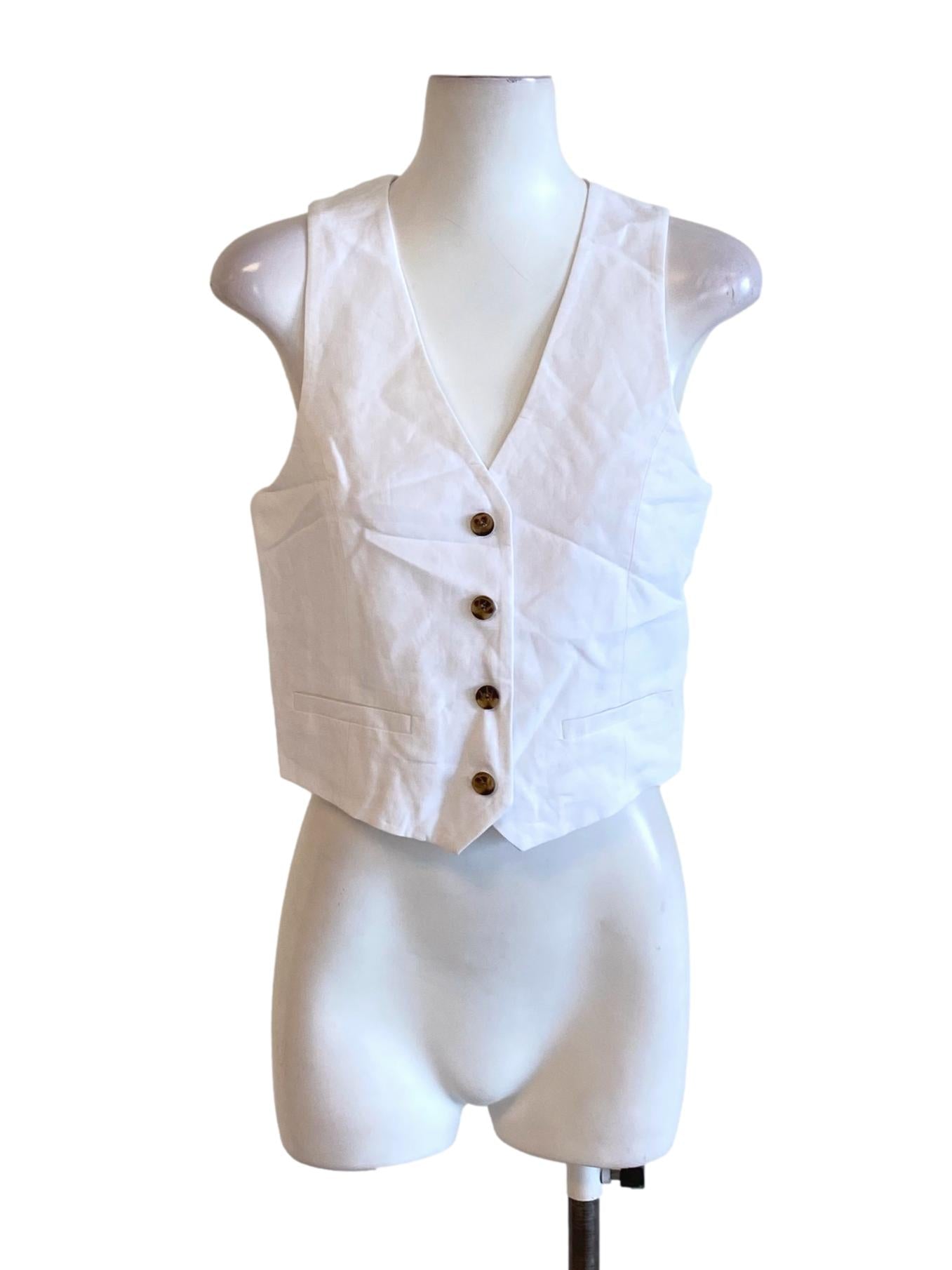 Pure White V-Neck Buttoned Down Sleeveless Cropped Vest