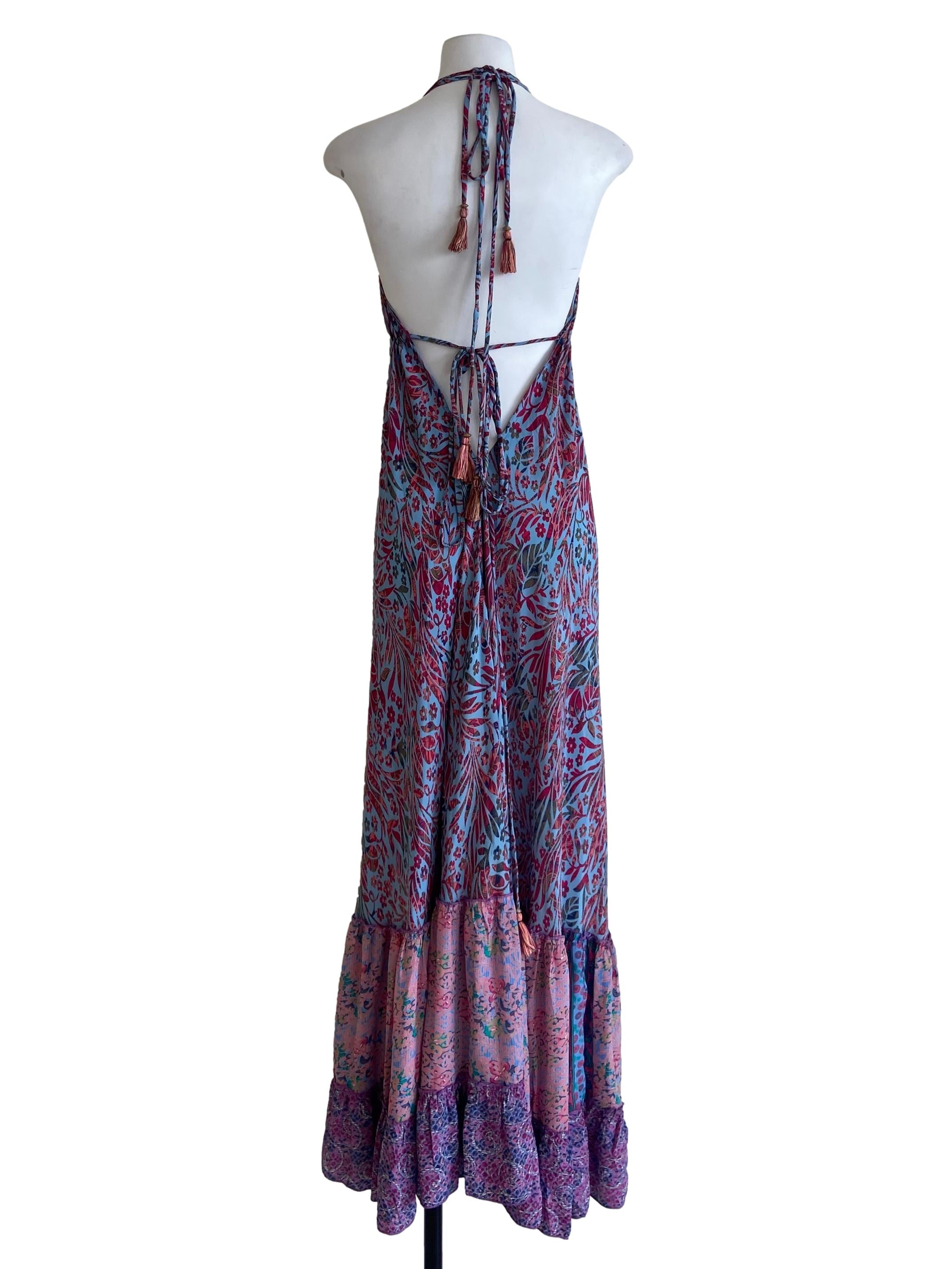 Blue & Pink Floral Dropwaist Halter Neck Dress