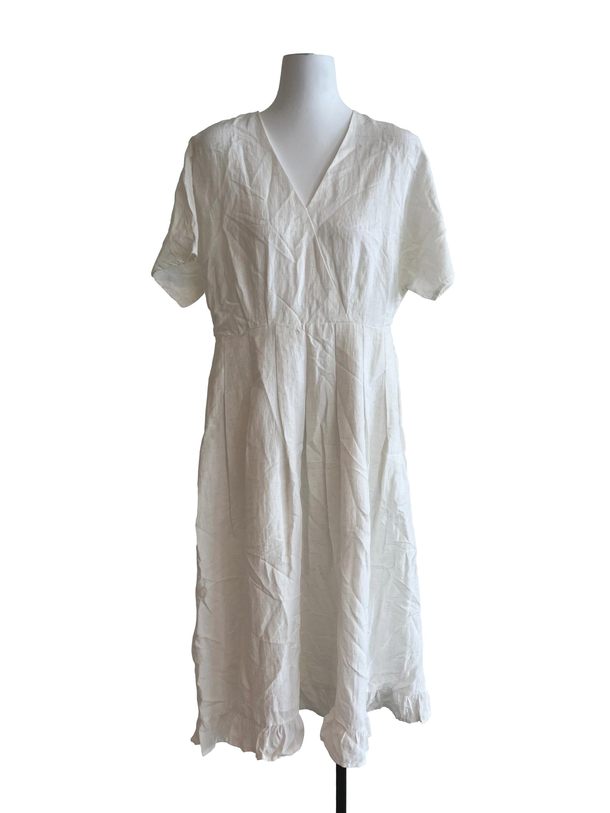 White Faux Wrap Ruffle Hem Dress