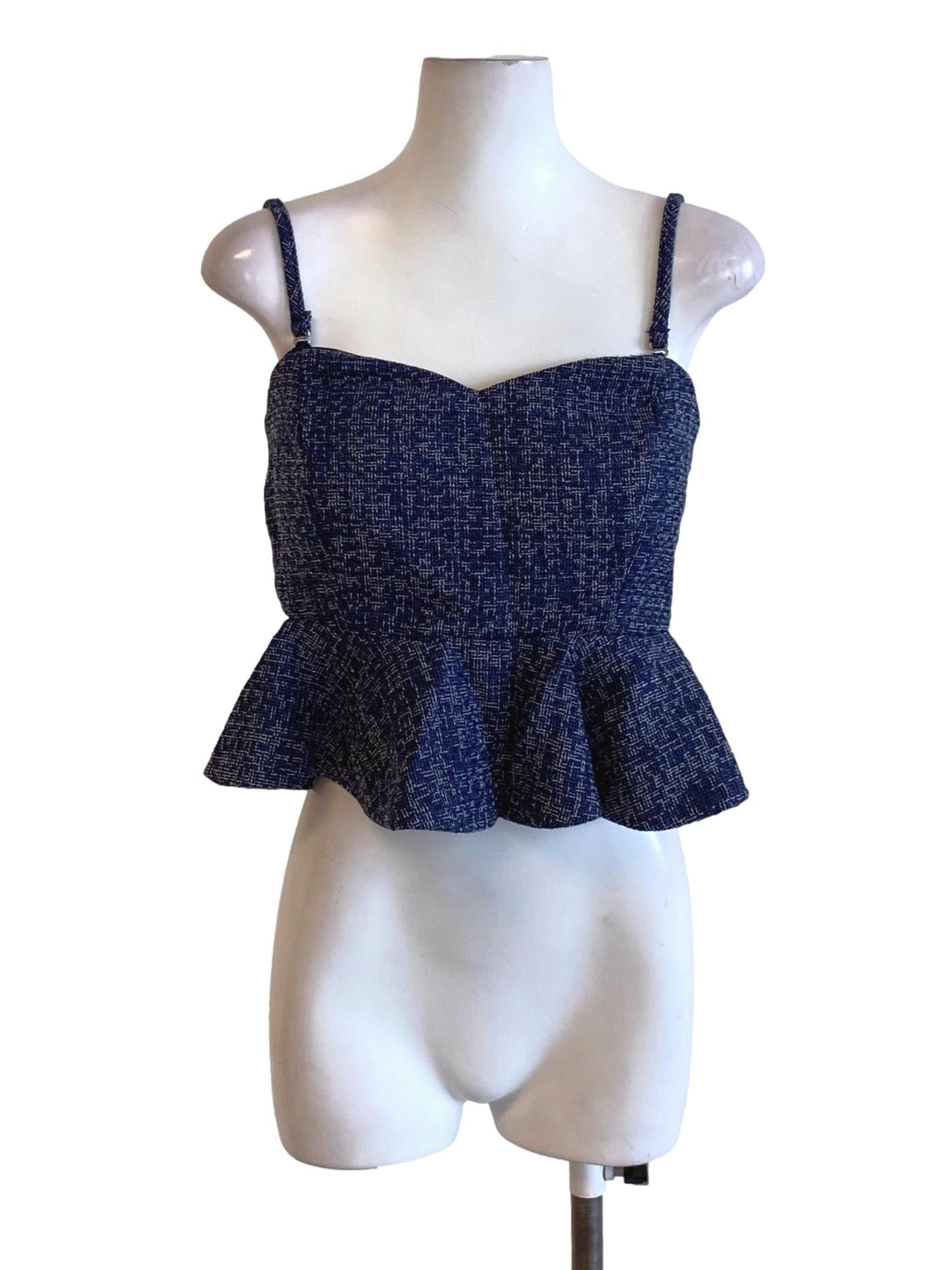Navy Blue Boucle Sweetheart Peplum Tweed Top