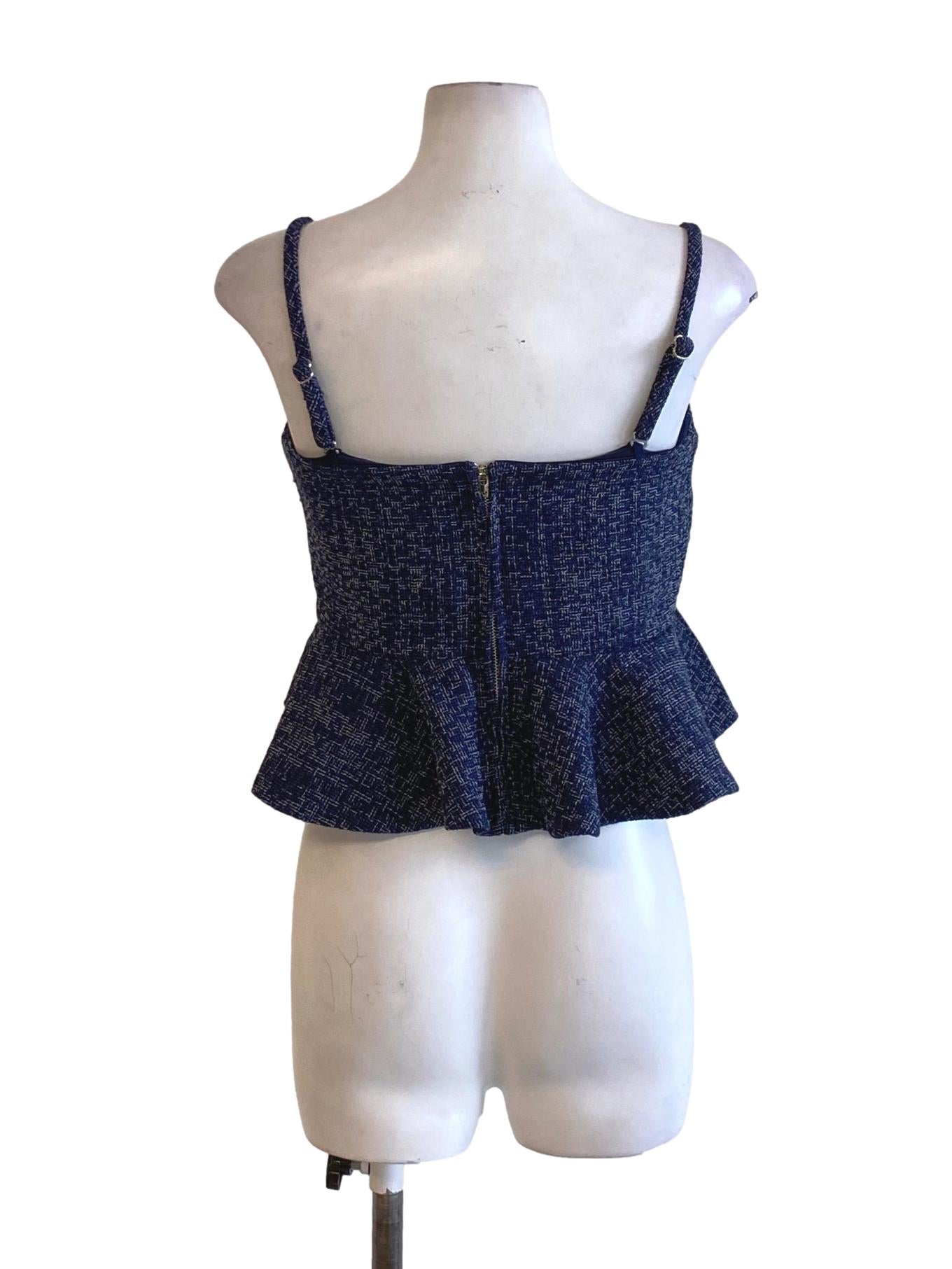 Navy Blue Boucle Sweetheart Peplum Tweed Top