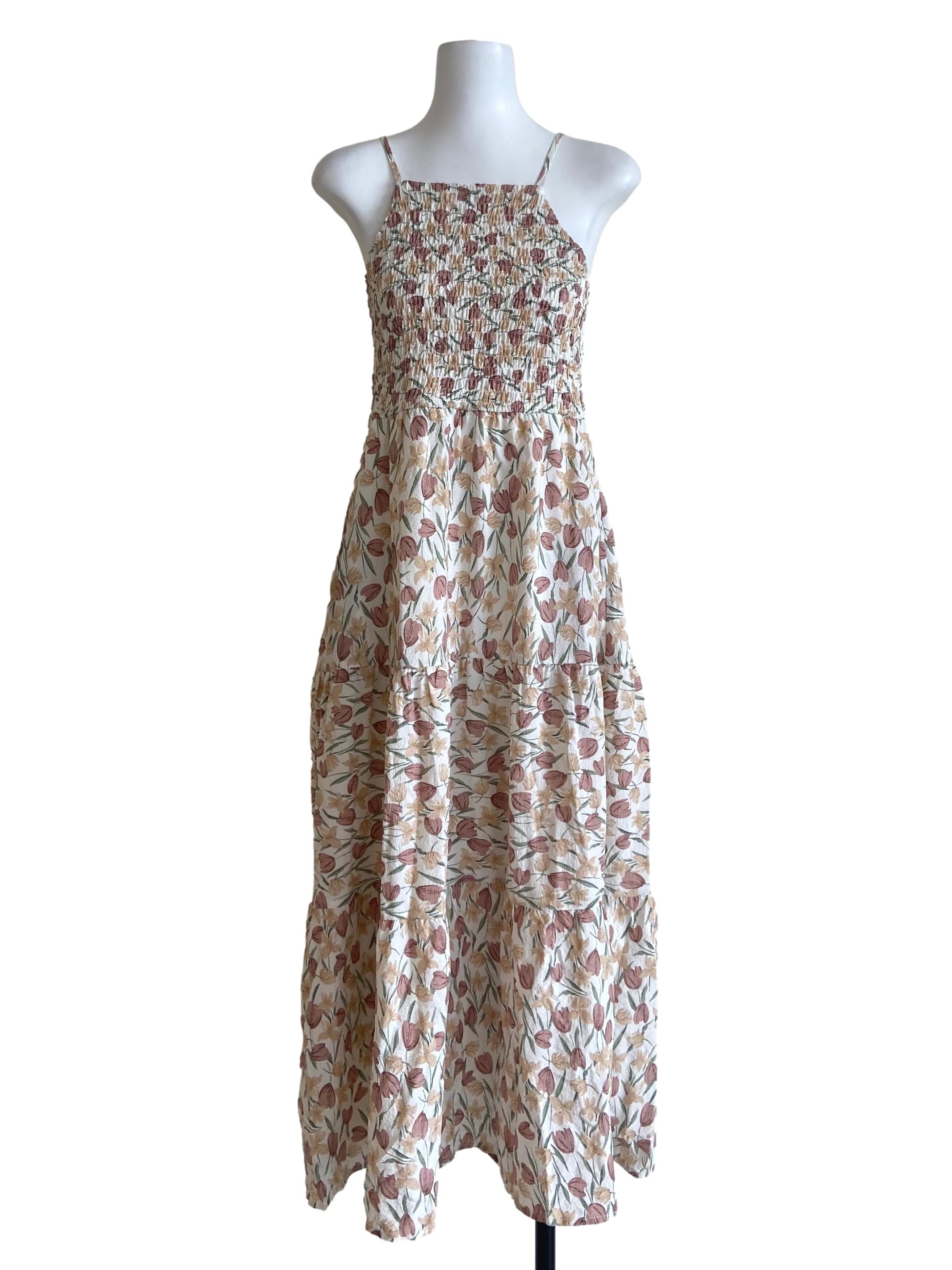White & Floral Spaghetti Straps Layered Dress