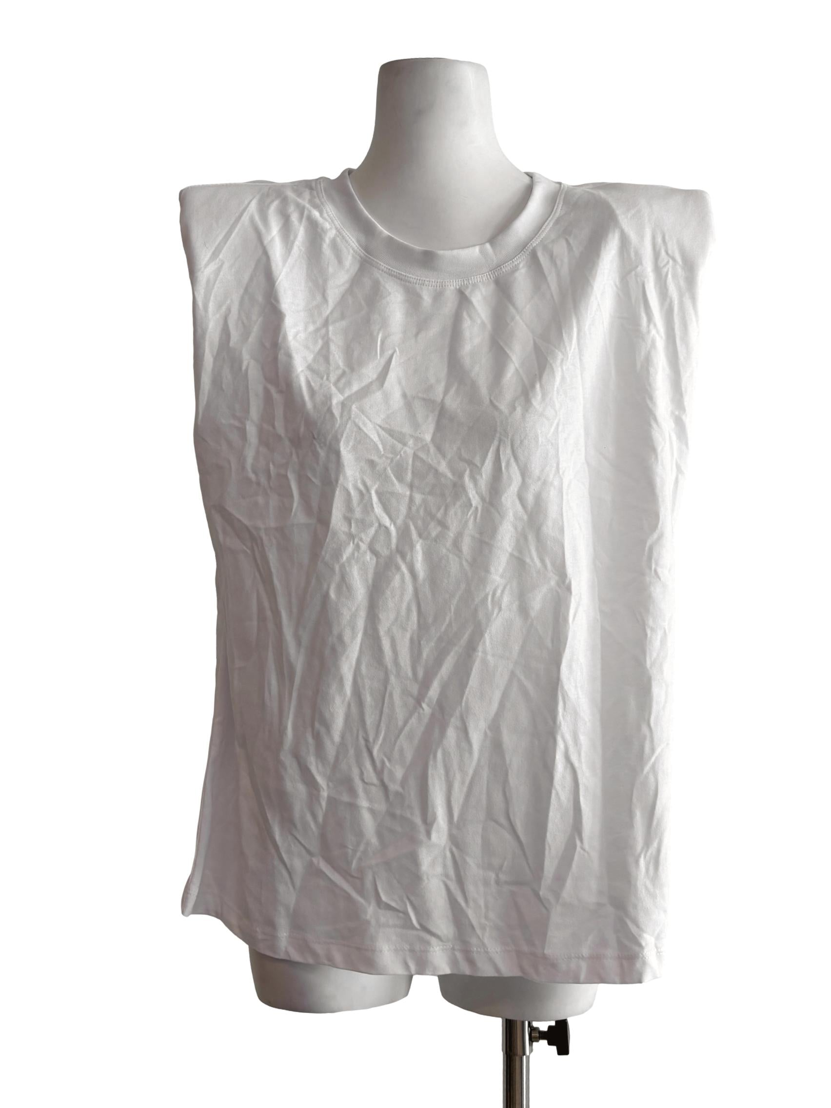 White Sleeveless Padded Shoulder Tank Top