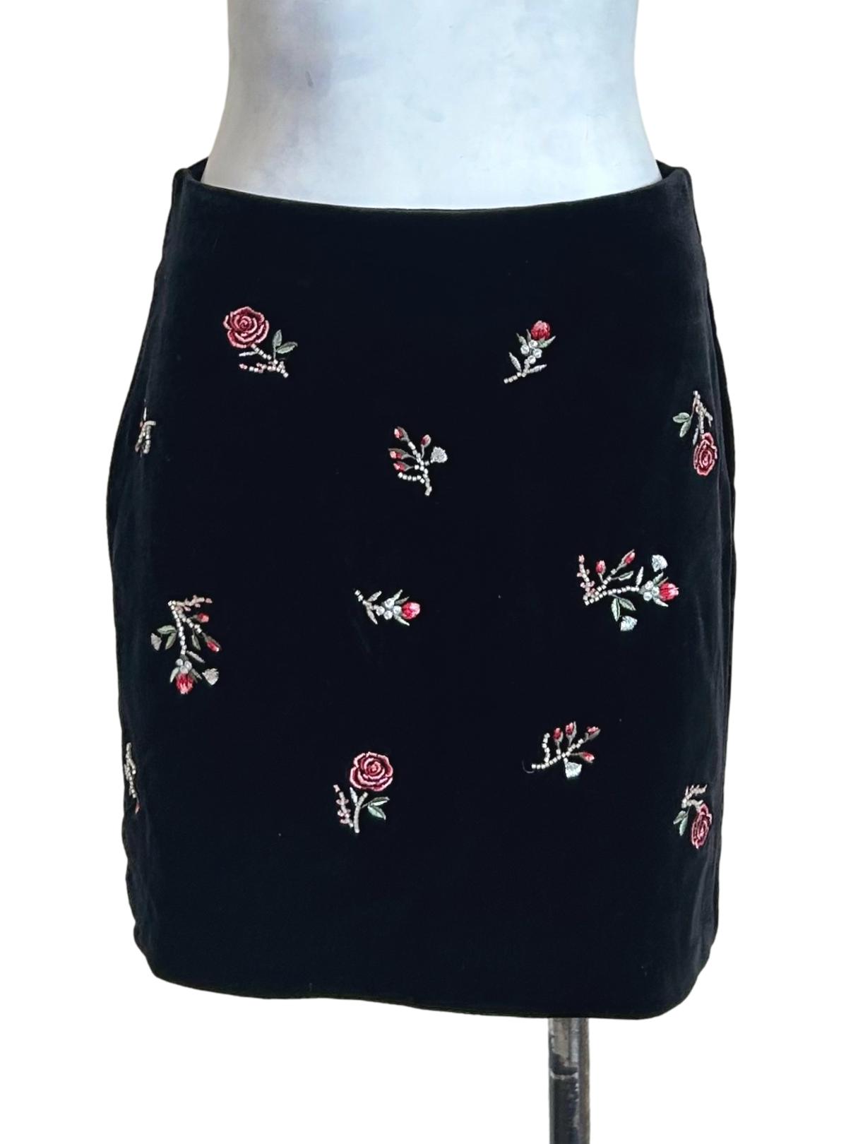 Black Velvet Rose Embroidered Skirt