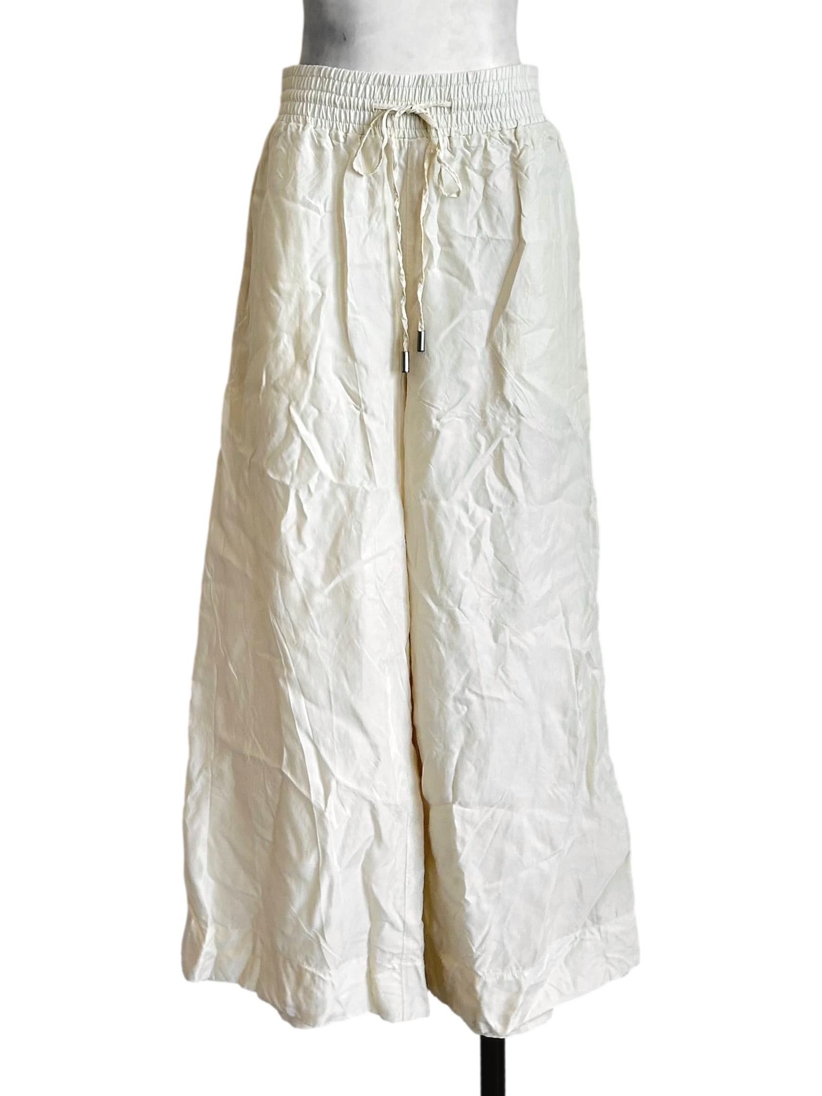 Cream Linen Drawstring Wide Pants