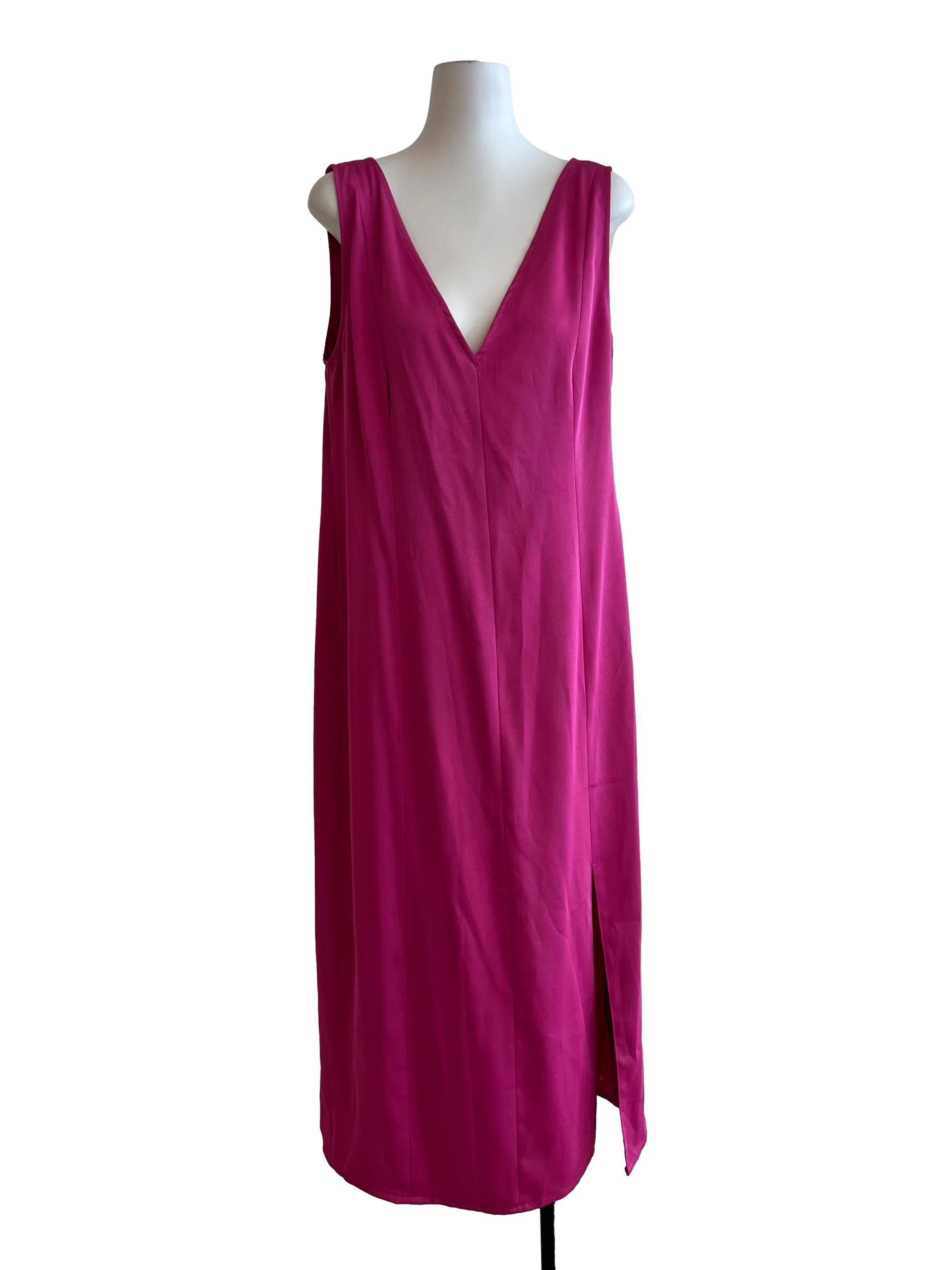Fuchsia Pink V Neck Side Slit Dress