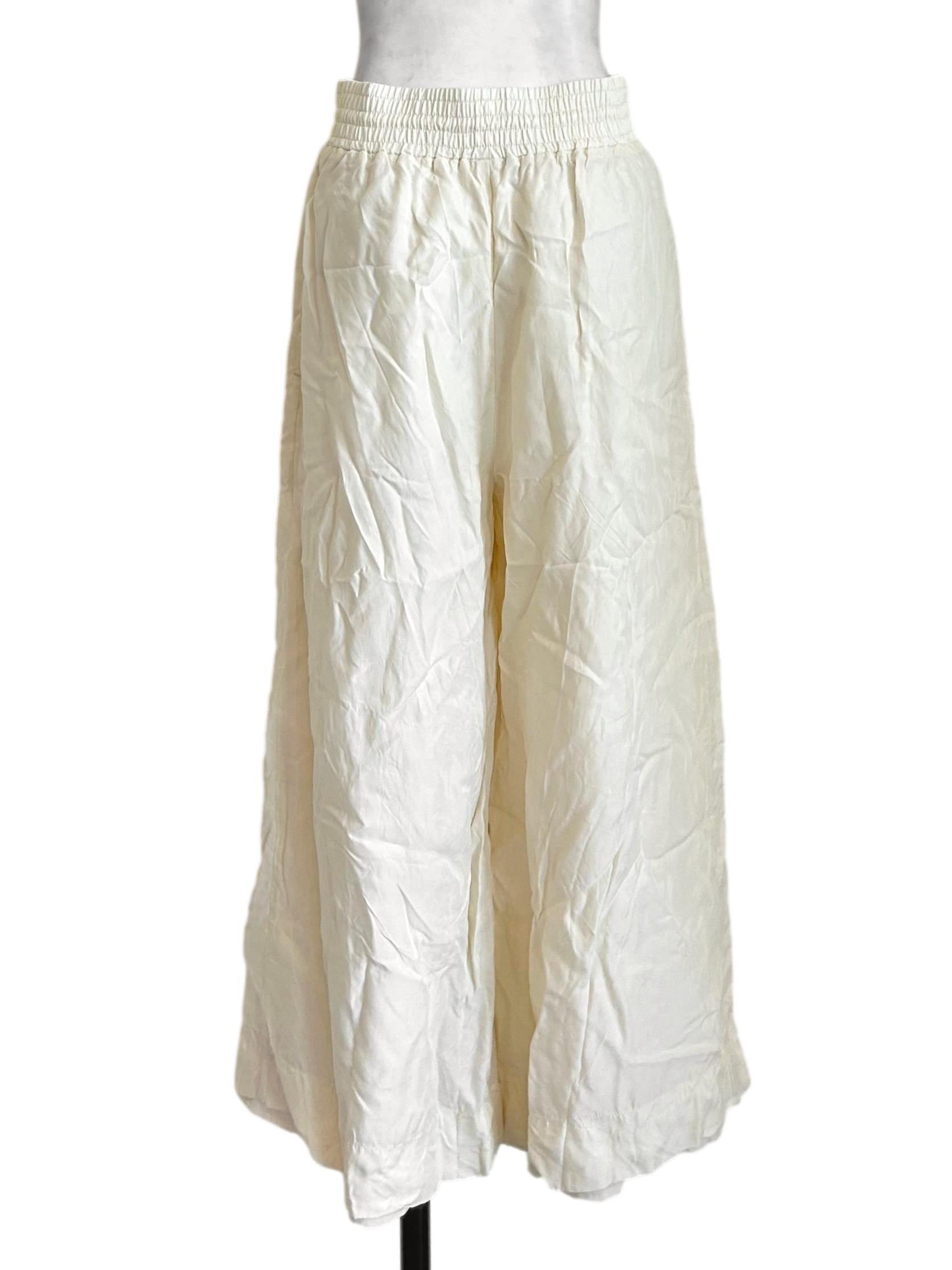 Cream Linen Drawstring Wide Pants