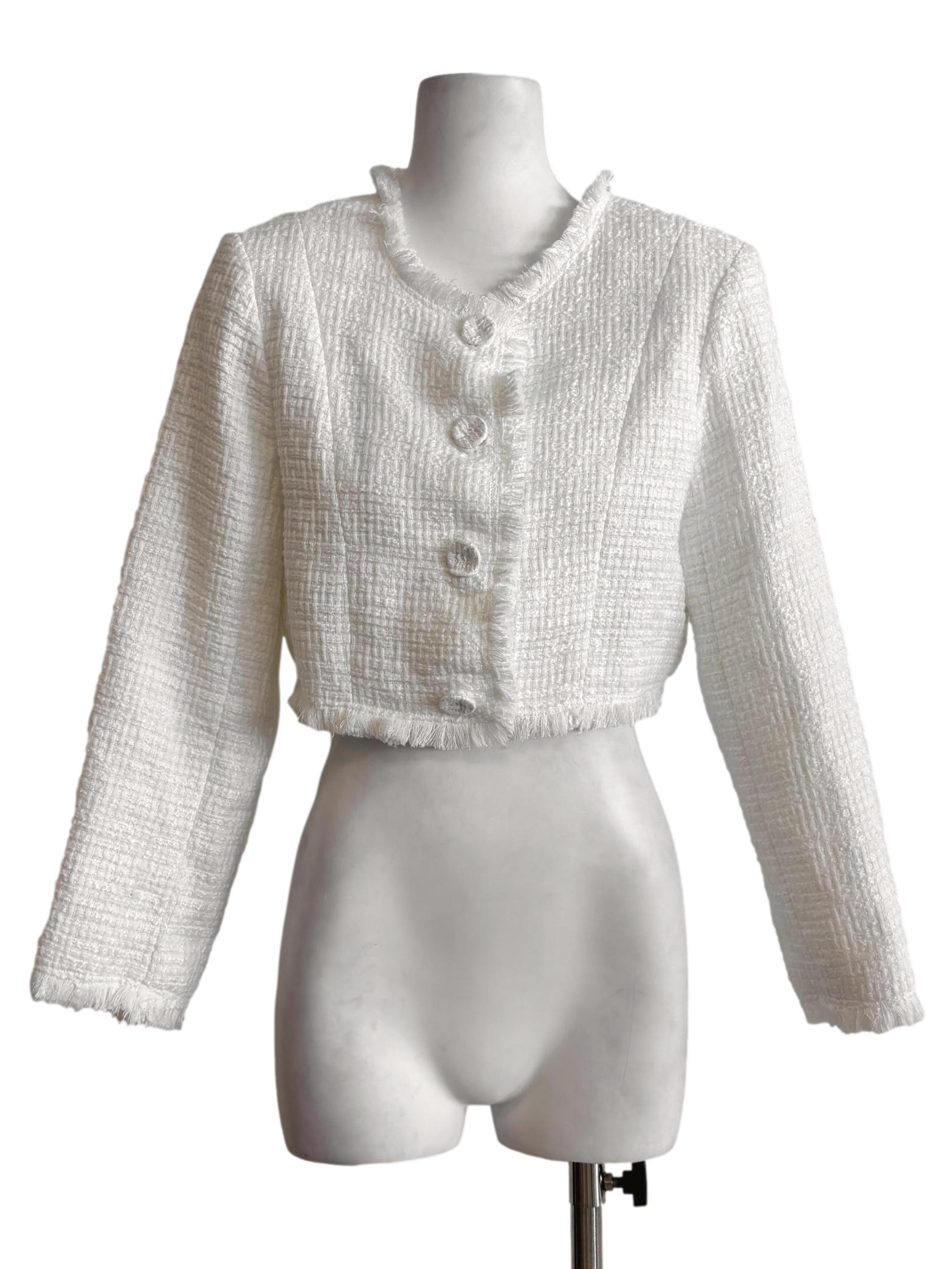 Pearl White Cropped Tweed Jacket LB