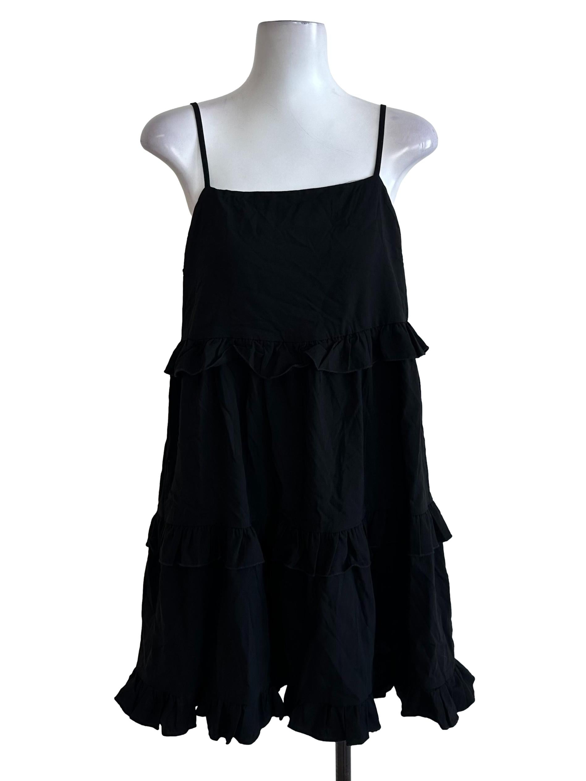 Onyx Black Square Neck Ruffle Tiered Dress