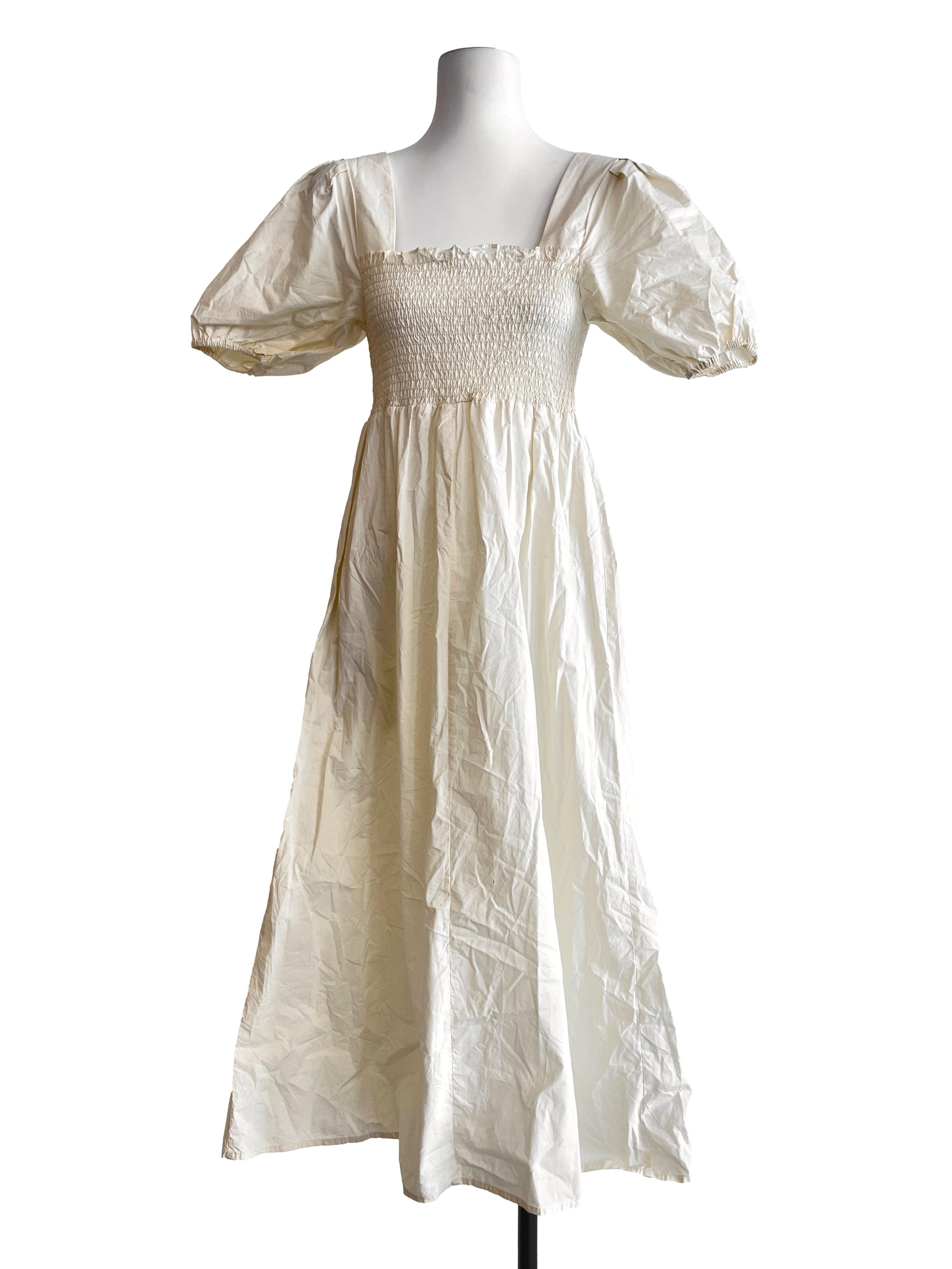 Cream White Square Puff Sleeve A-Line Dress