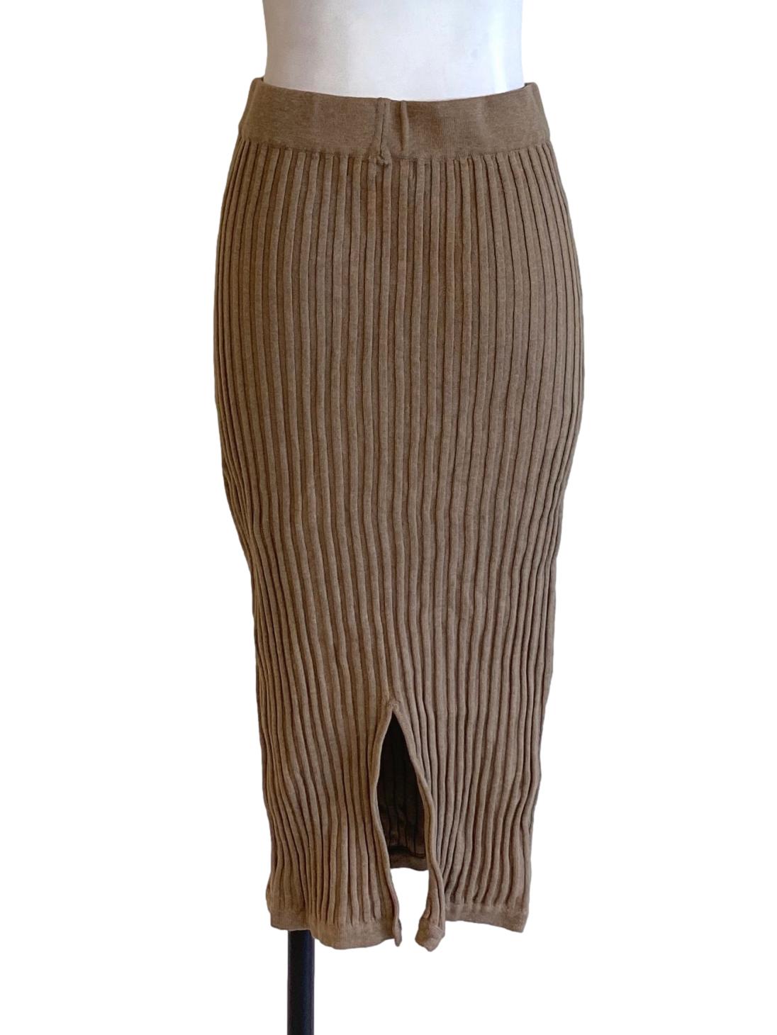 Coffee Brown Pleated Knitted Fit Slit Pencil Skirt TTR