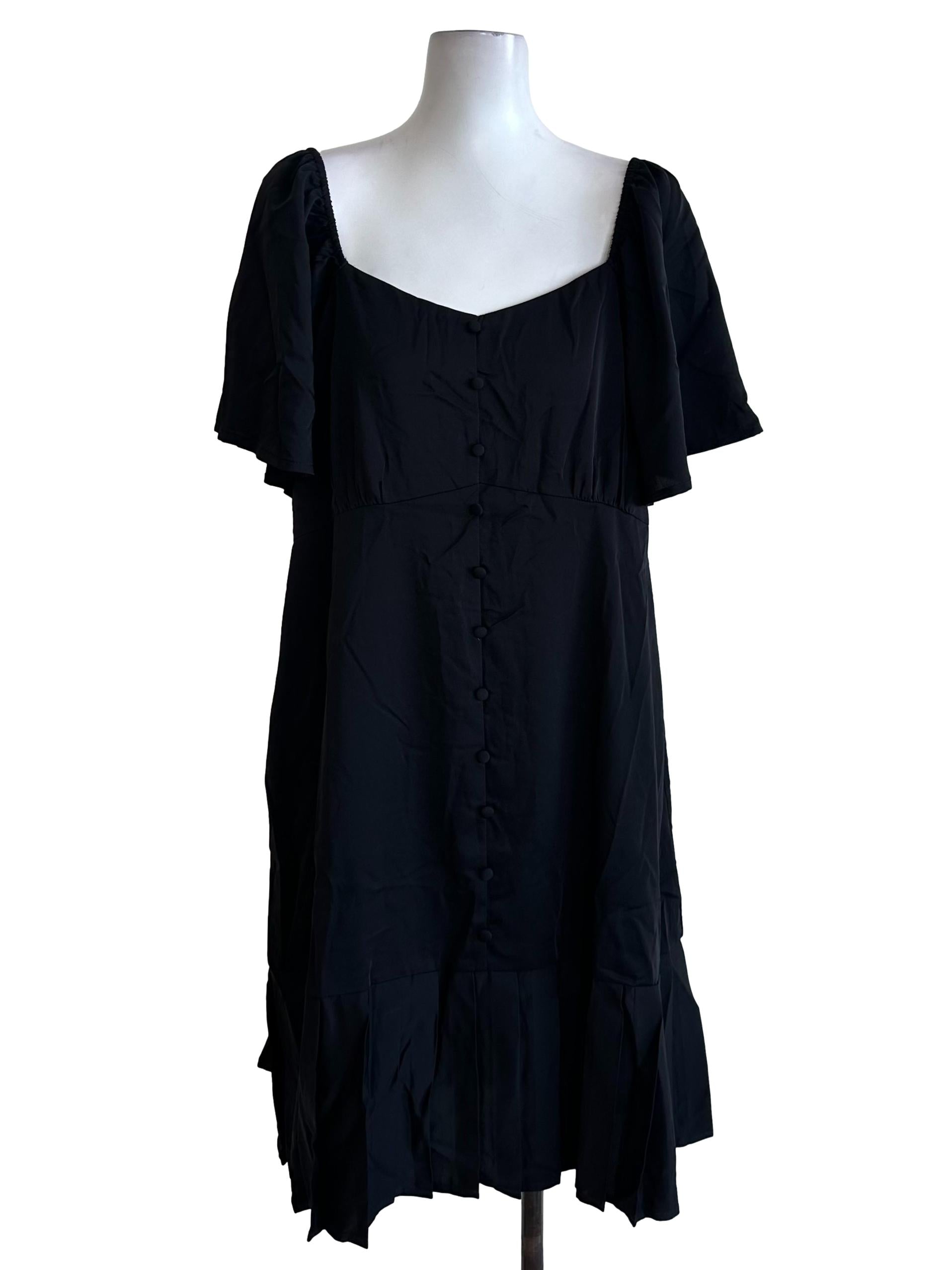 Raven Black Button Border Pleated Dress