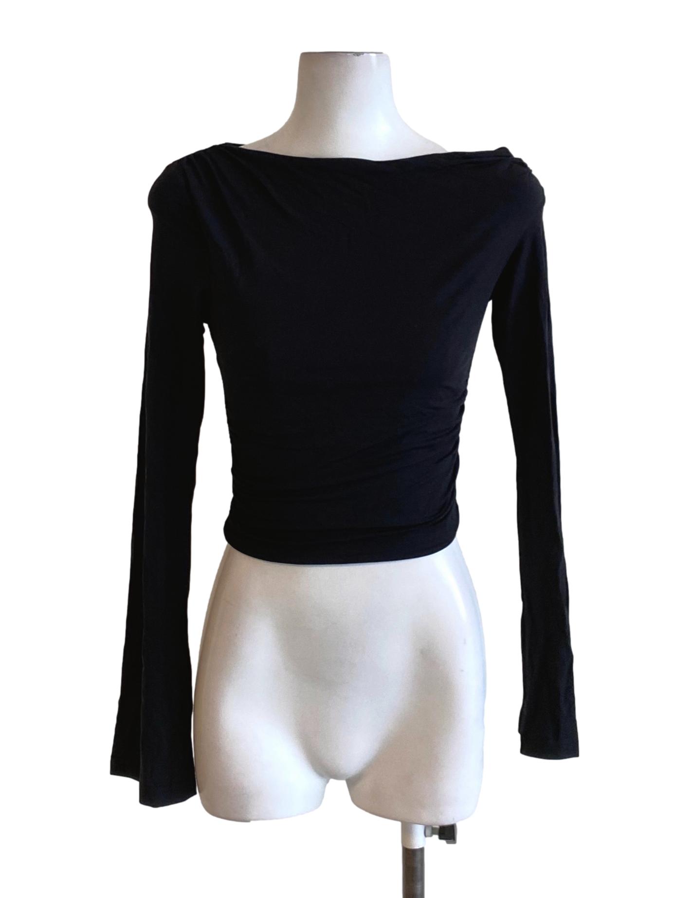 Rich Black Sabrina Neck Long Sleeve Fit Wrap Shirt