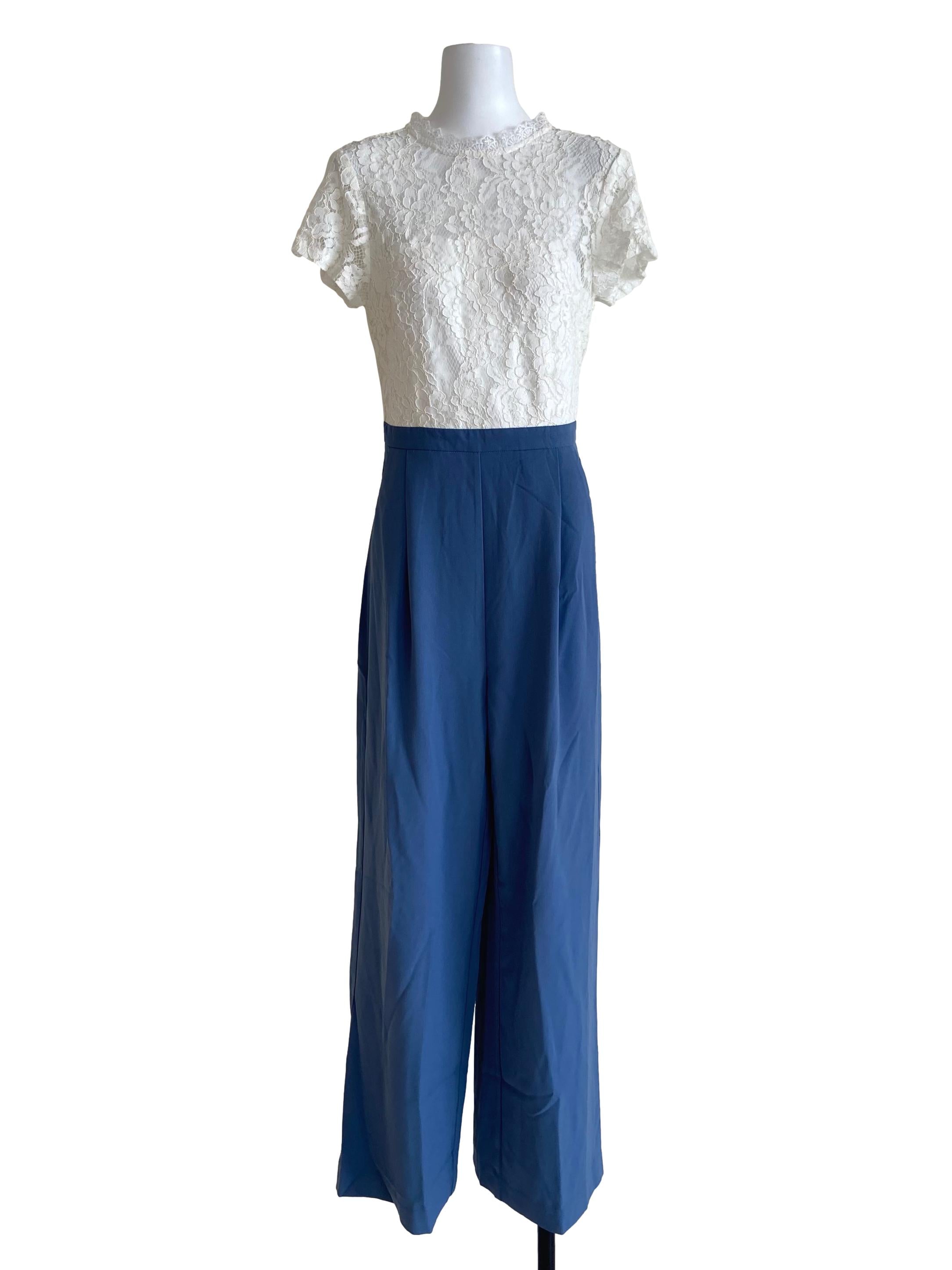 White Floral Lace Stone Blue Jumpsuit