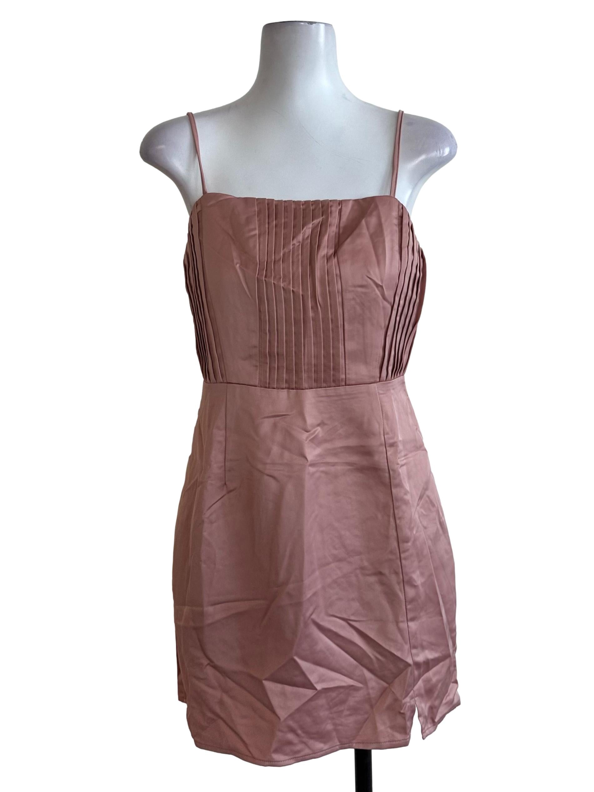 Rose Pink Satin Pleated A Line Dress