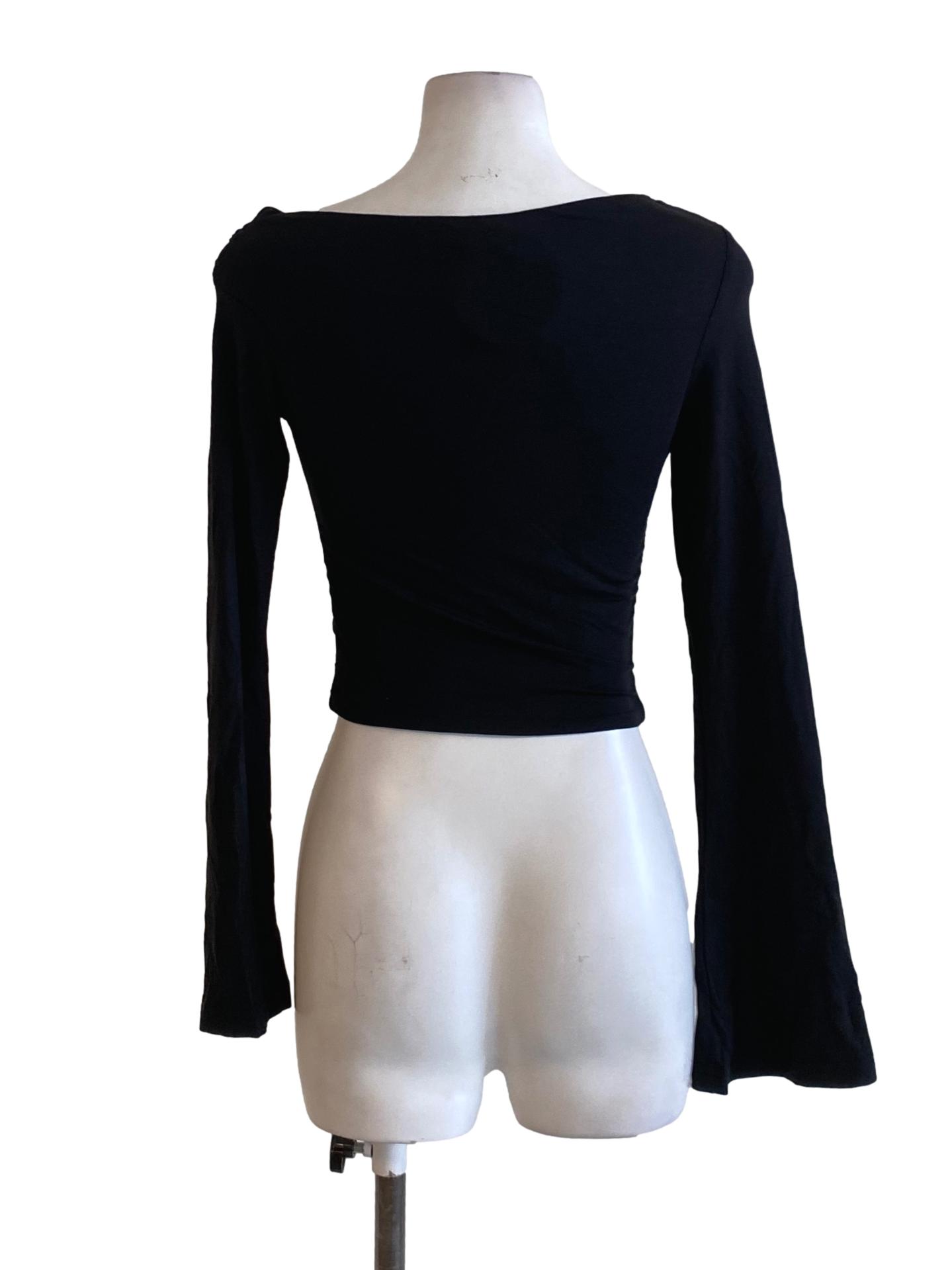 Rich Black Sabrina Neck Long Sleeve Fit Wrap Shirt
