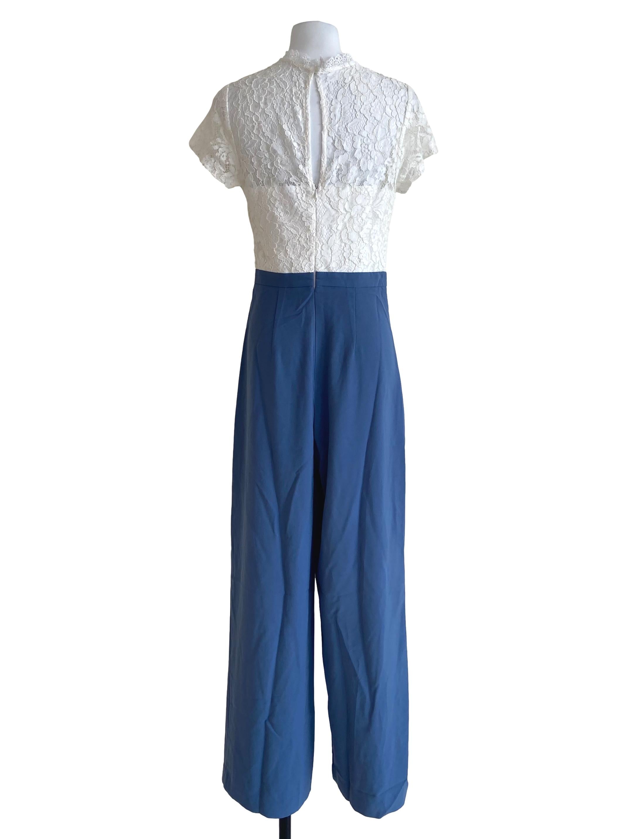 White Floral Lace Stone Blue Jumpsuit