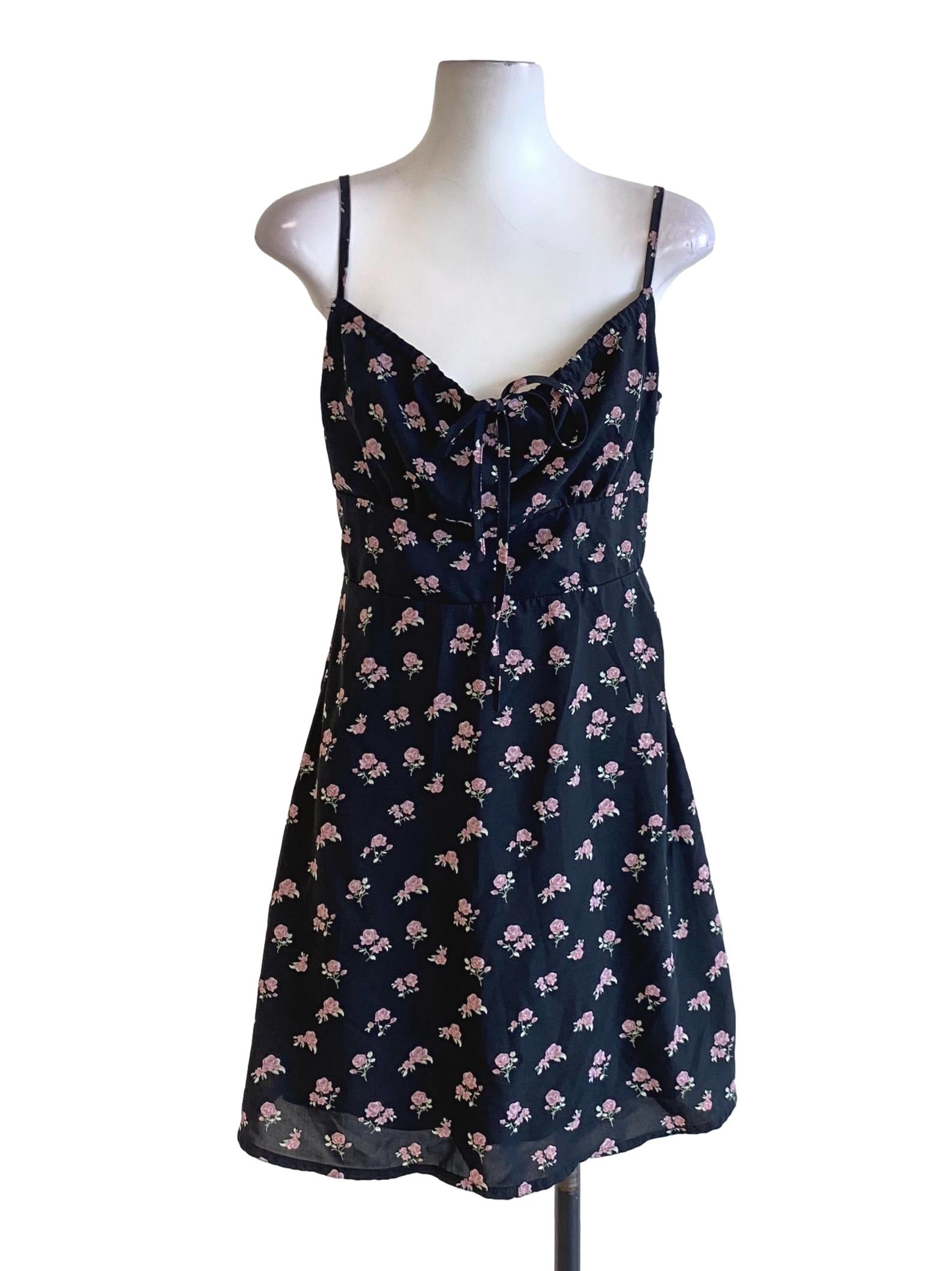 Matte Black Floral Printed Tie Front Spaghetti Strap A-Line Dress TTR