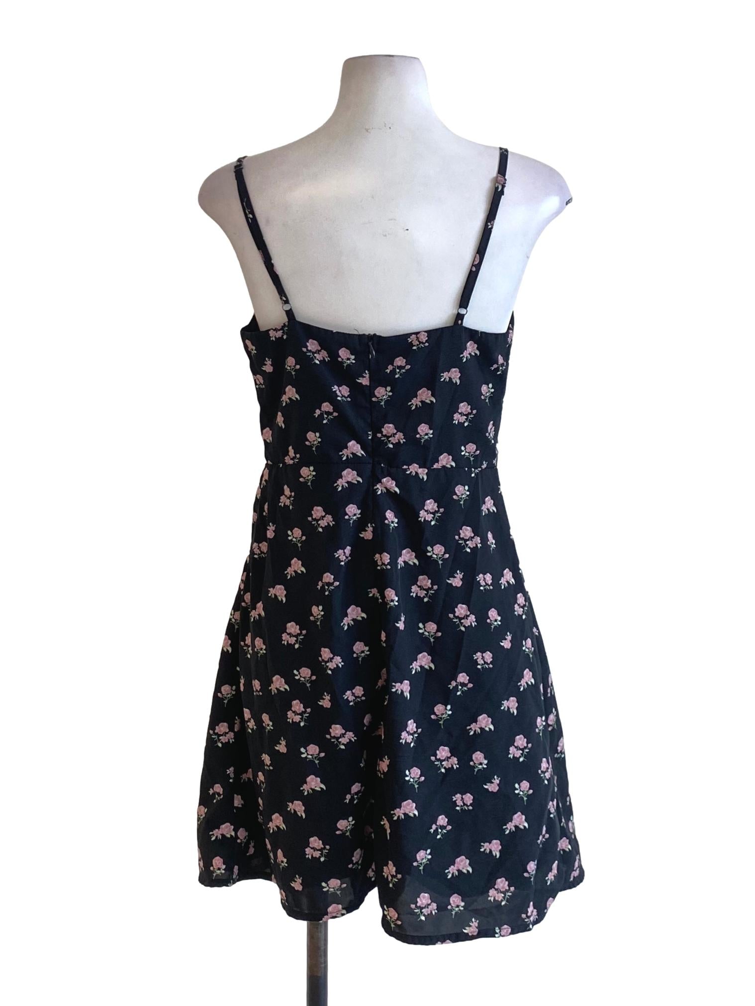 Matte Black Floral Printed Tie Front Spaghetti Strap A-Line Dress TTR