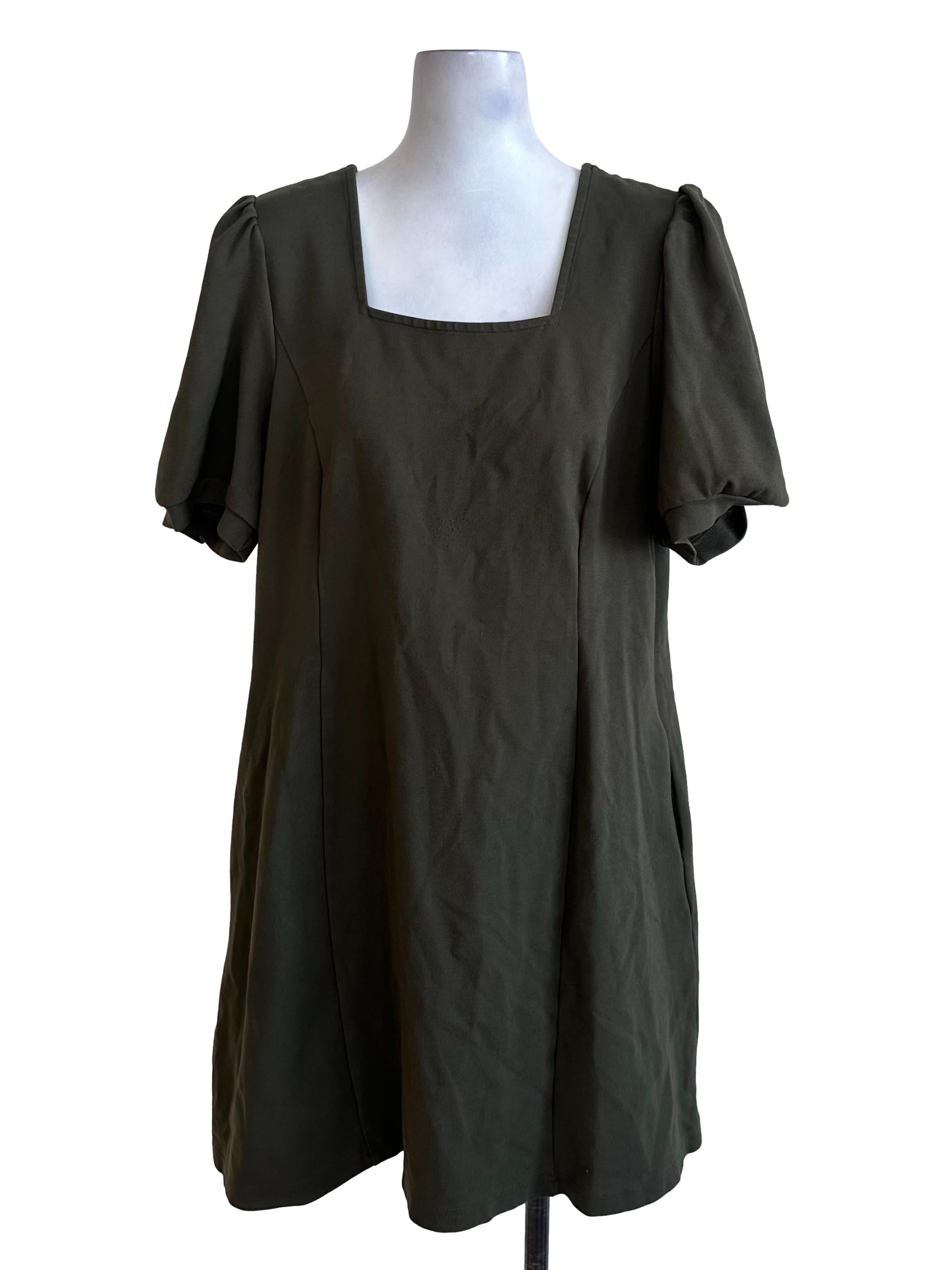 Moss Green Square Neck Short Sleeve Dress