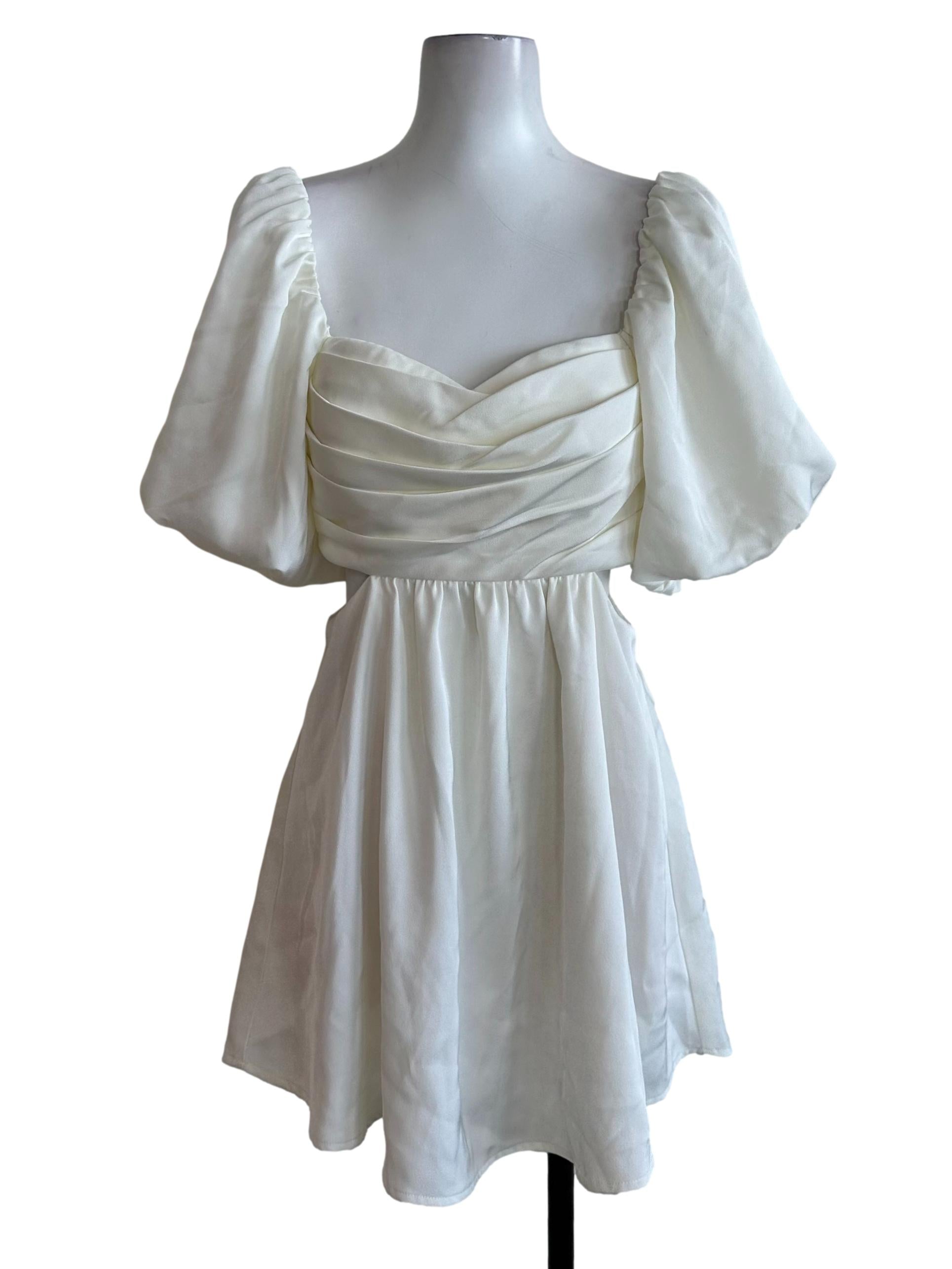 Pearl White Ruched Side Open Puff Shoulder Dress