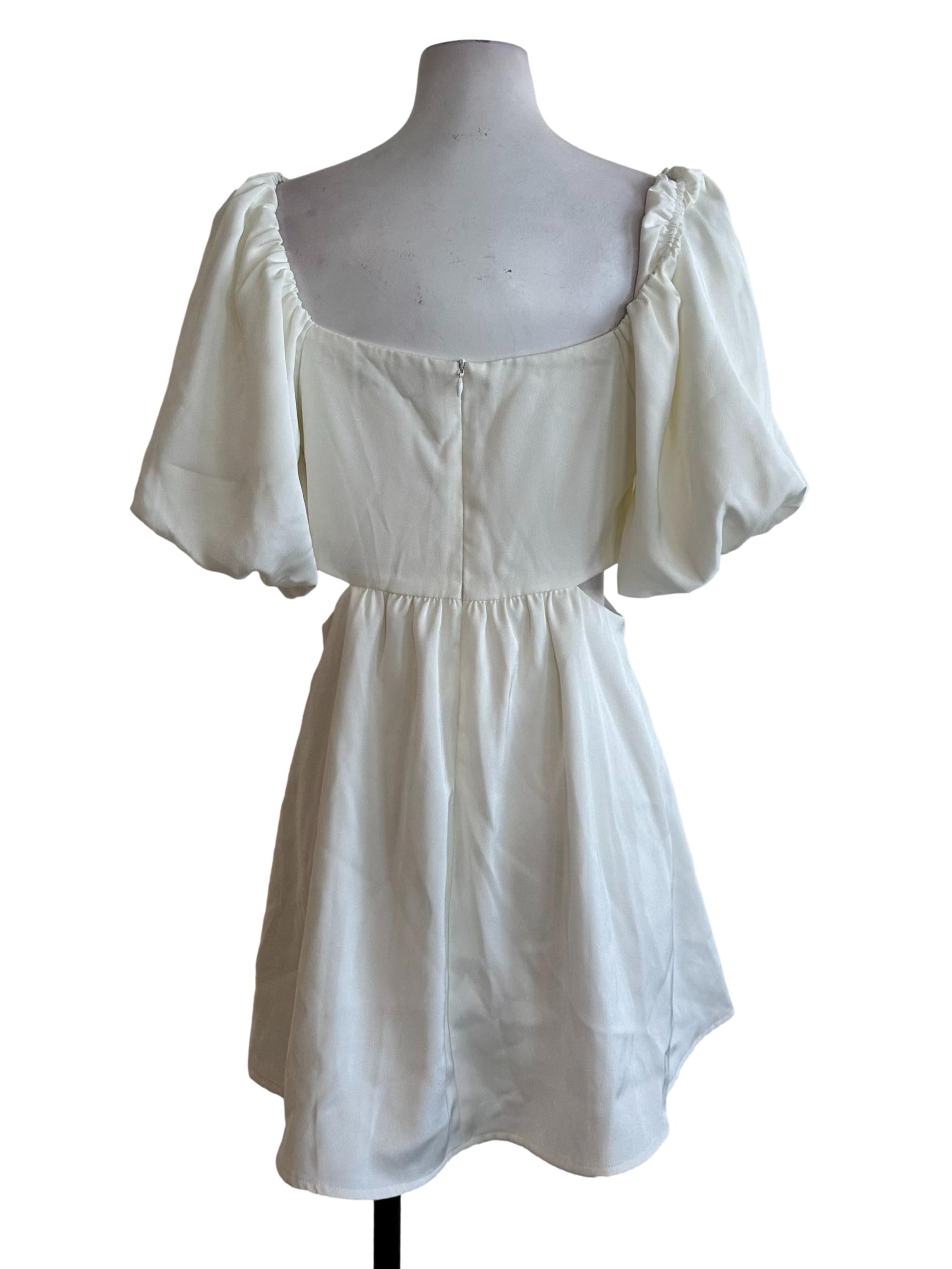 Pearl White Ruched Side Open Puff Shoulder Dress