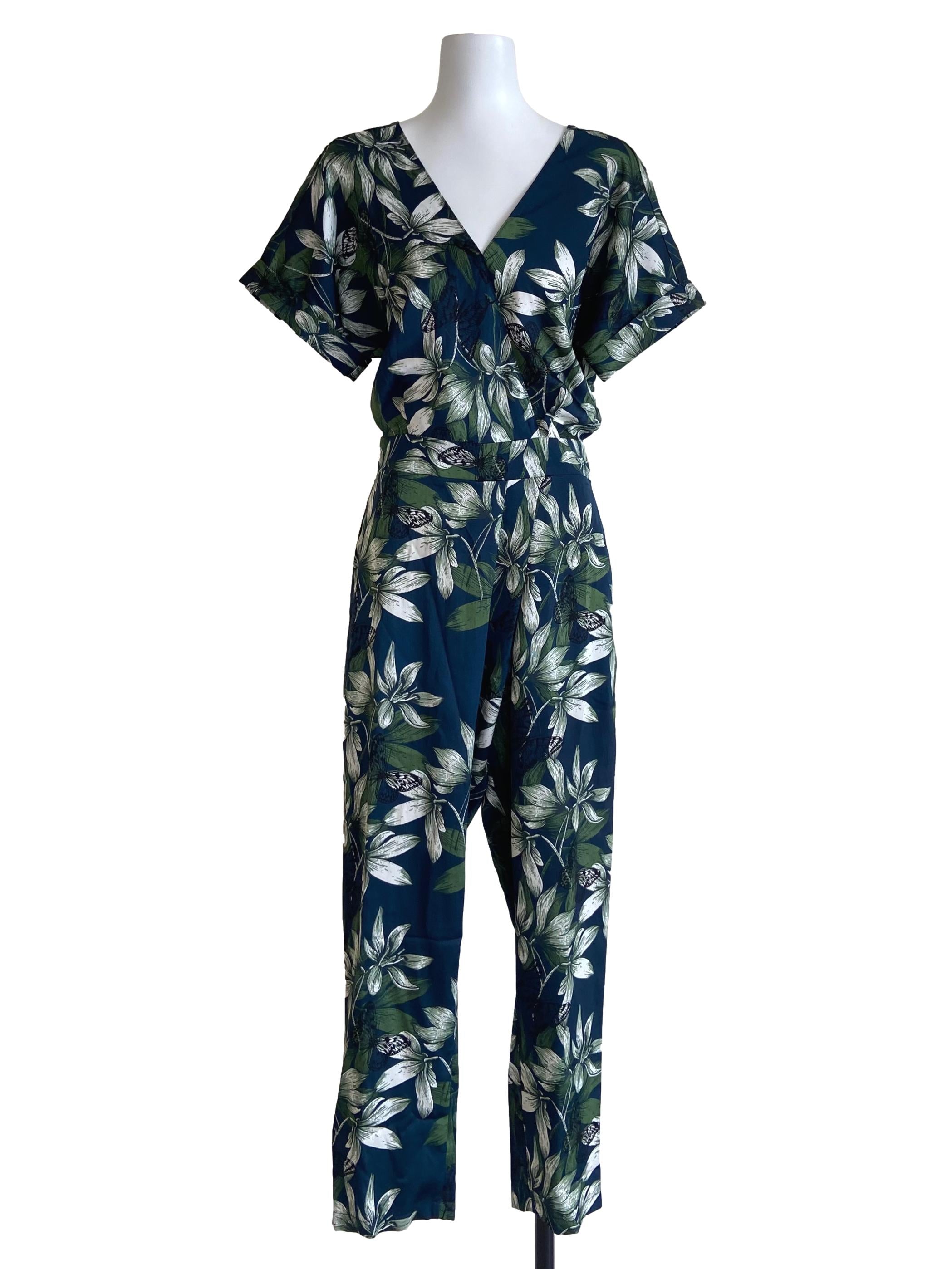 Emerald Green Floral V Neck Jumpsuit