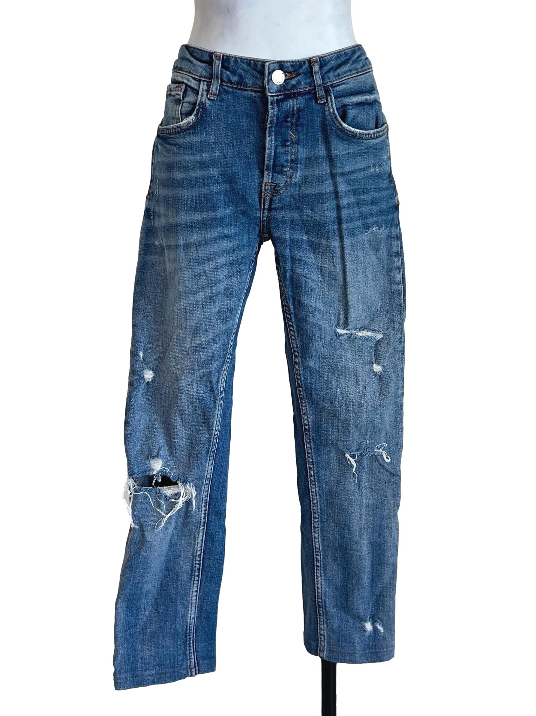 Mid Wash Distressed Straight Ripped Jeans