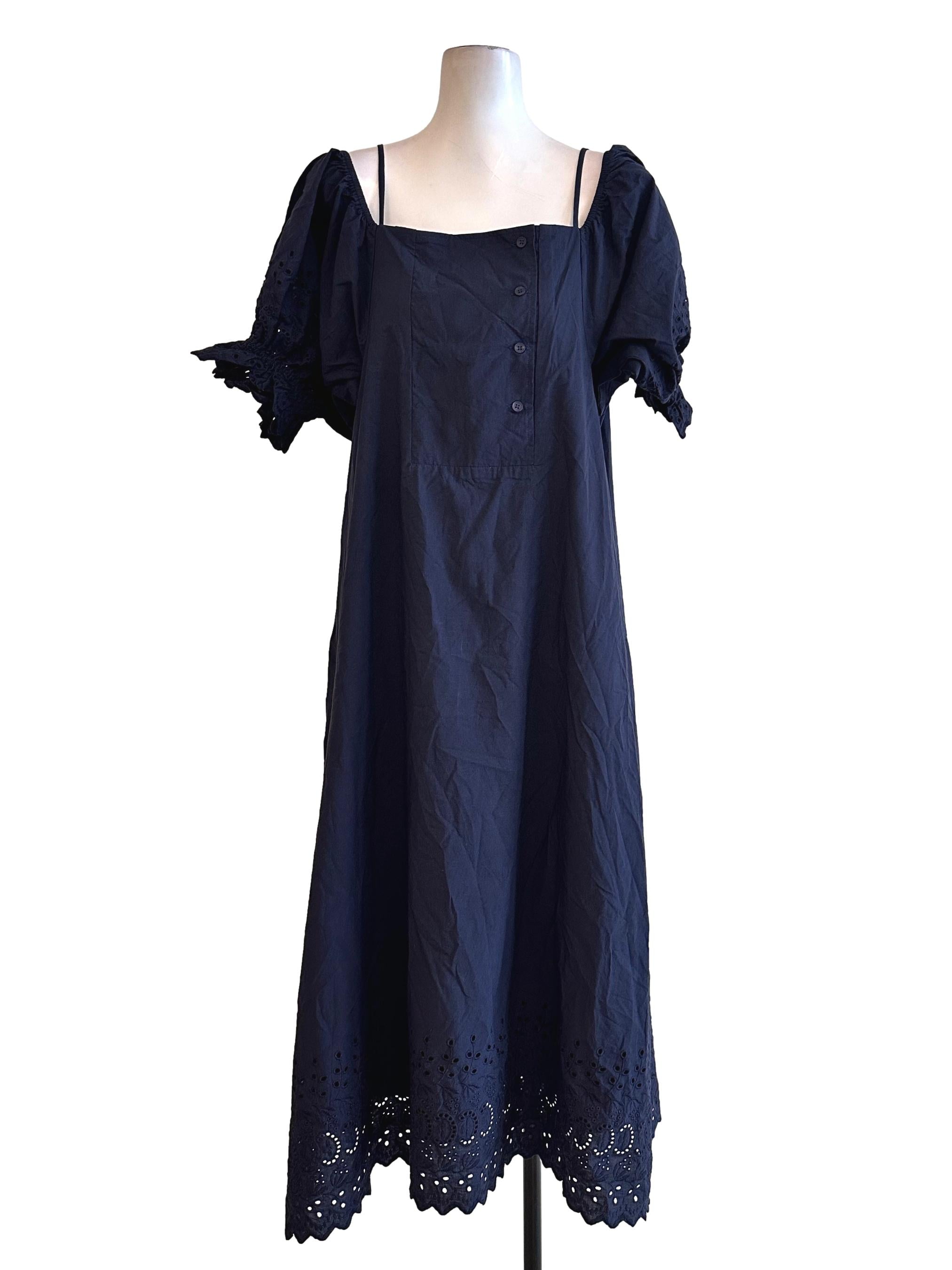 Navy Blue Embroidery Sleeves Pattern Dress