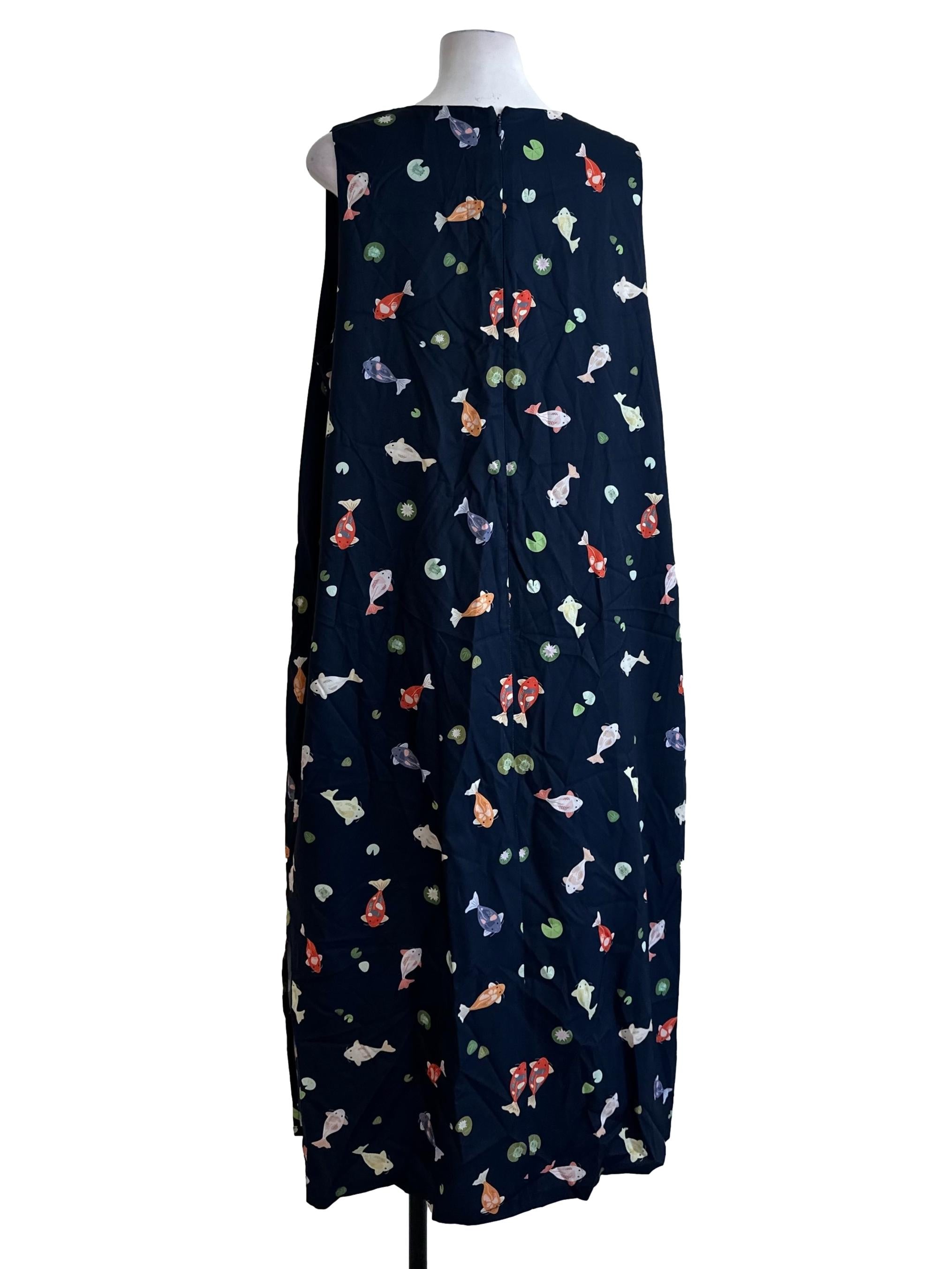 Navy Blue Pattern Square Neck Slit Dress