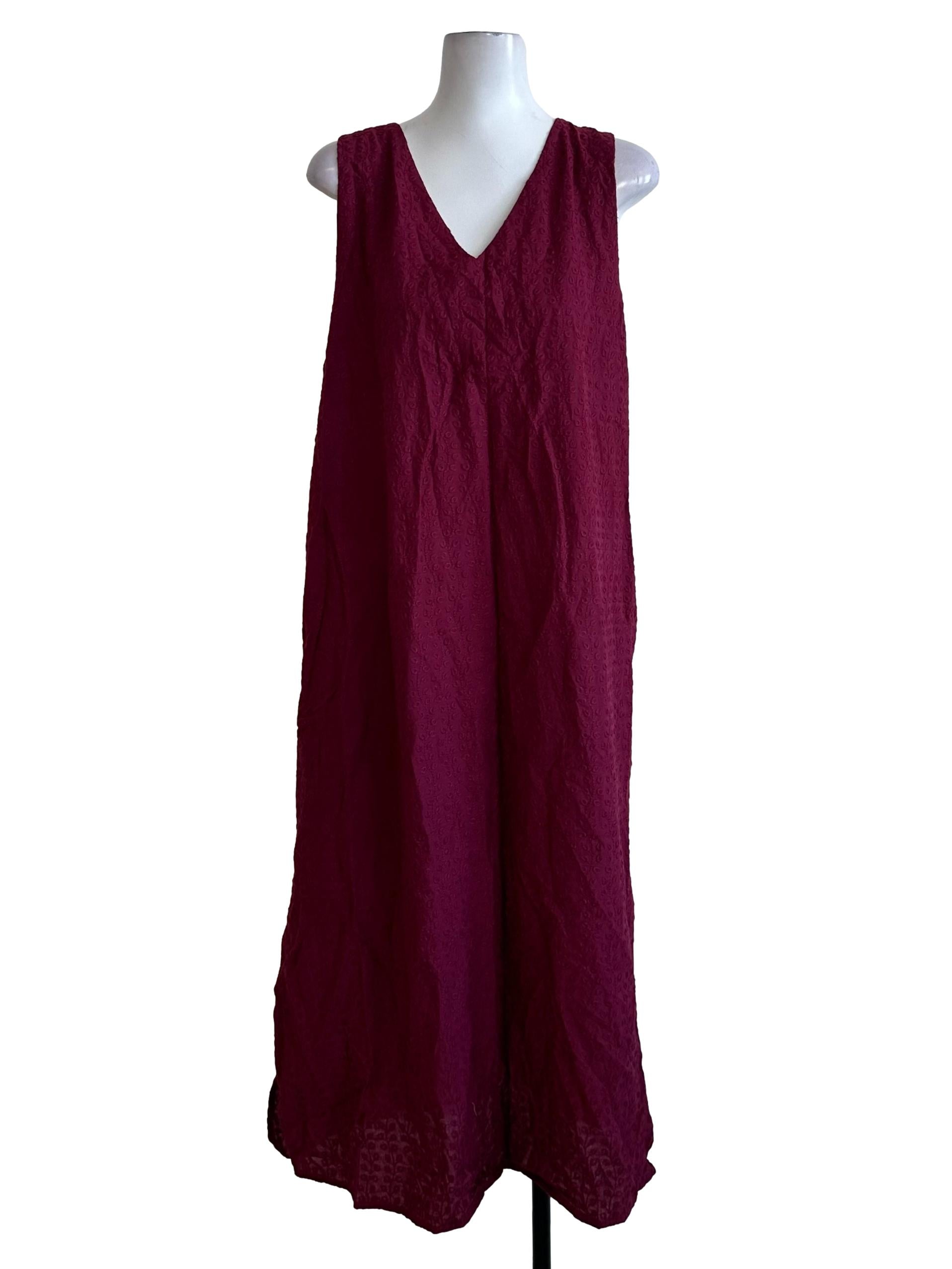 Burgundy Red V Neck Embroidery Textured Dress