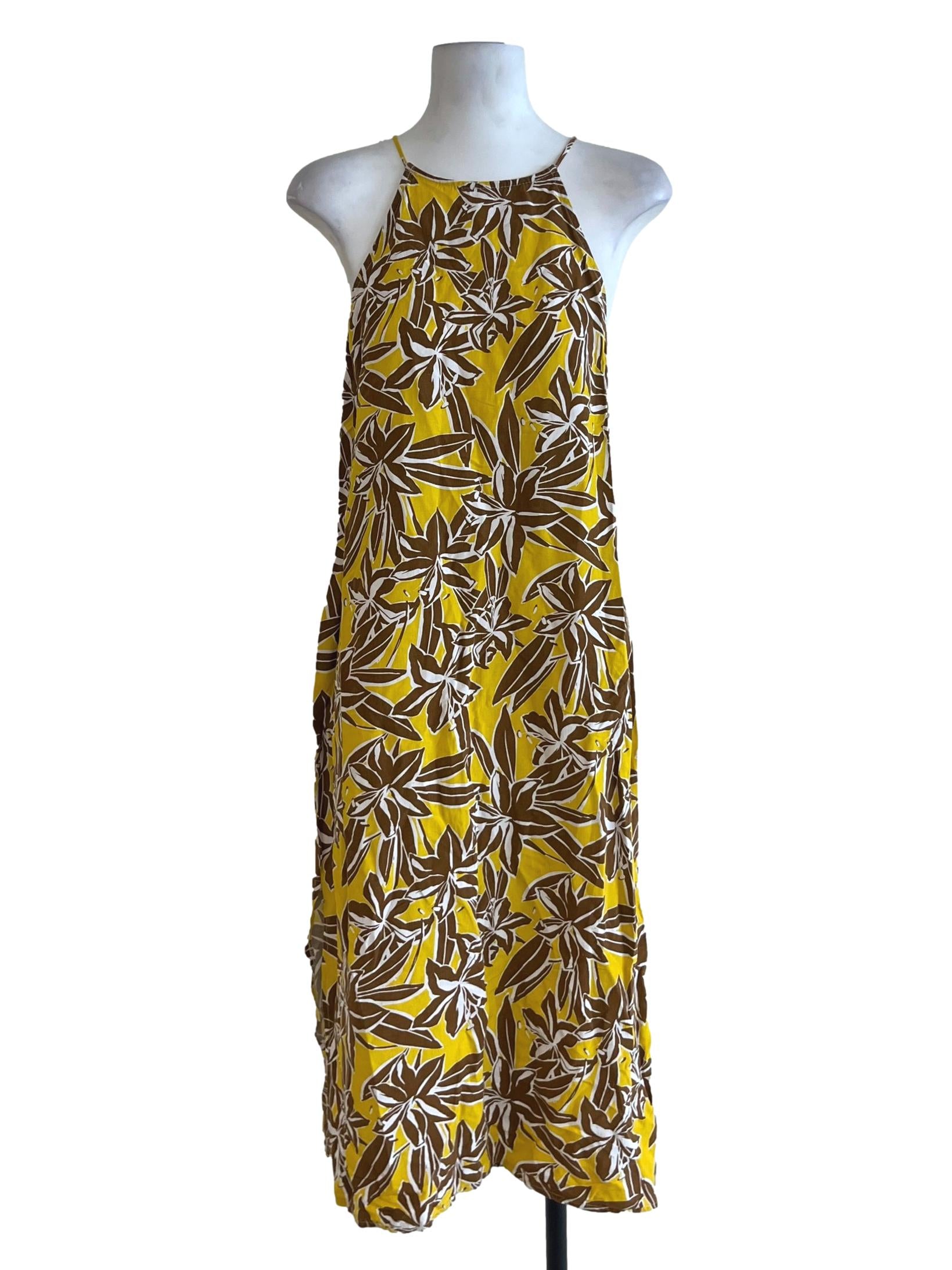 Canary Yellow Floral Halter Dress