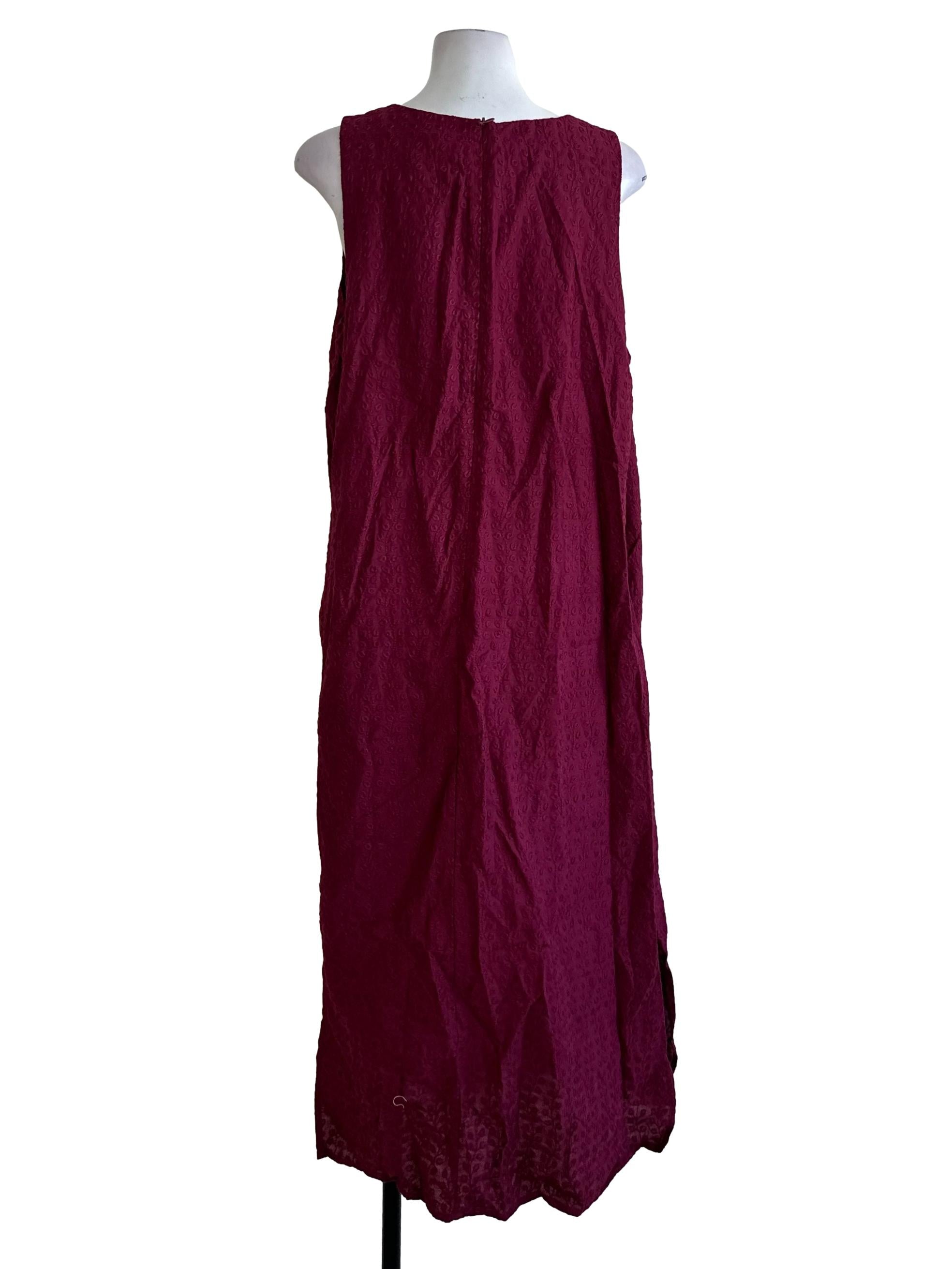 Burgundy Red V Neck Embroidery Textured Dress
